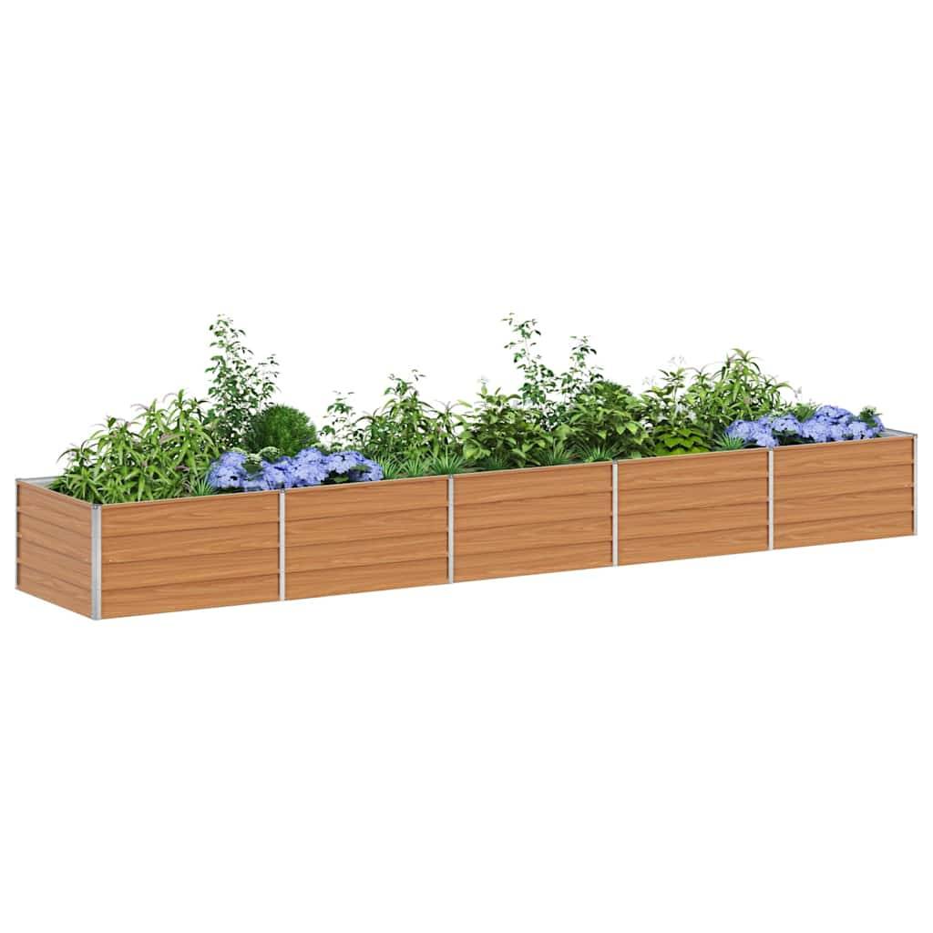 Ein rechteckiger Holzkastenblumentopf, gefüllt mit einer Auswahl an grünen Pflanzen und lila Blumen.