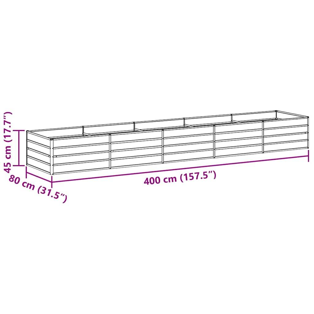 Dieses Bild zeigt ein rechteckiges erhöhtes Hochbeet mit einer Länge von 400 cm (157,5 Zoll), einer Breite von 80 cm (31,5 Zoll) und einer Höhe von 45 cm (17,7 Zoll).