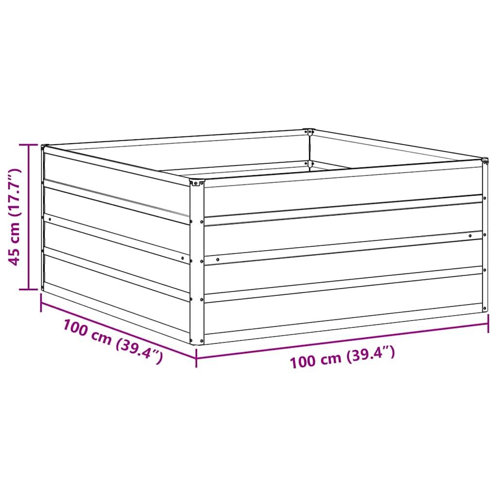 Holzpflanzkasten mit Abmessungen: 100 cm (39,4 Zoll) breit, 100 cm (39,4 Zoll) tief und 45 cm (17,7 Zoll) hoch.