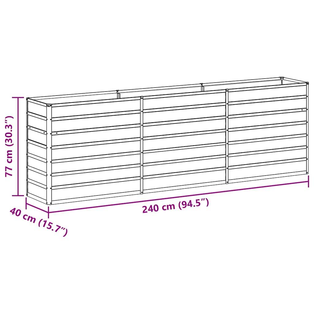 Rechteckige Holzpflanzbox, 240 cm lang, 77 cm hoch und 40 cm breit, mit Maßangaben in Zentimetern und Zoll dargestellt.