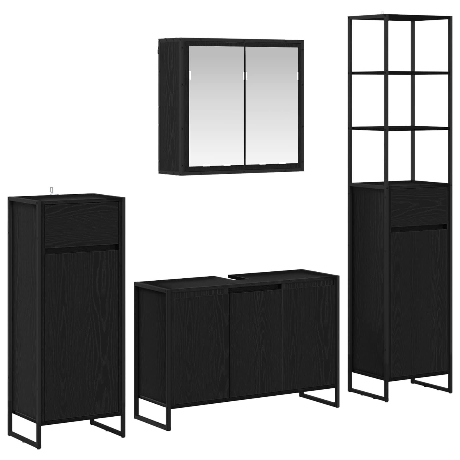Schwarzes modulares Möbelset mit Spiegelschrank, hoher Regalsäule, Aufbewahrungsschrank und Truhe. Modernes Design, geeignet für das Zuhause.