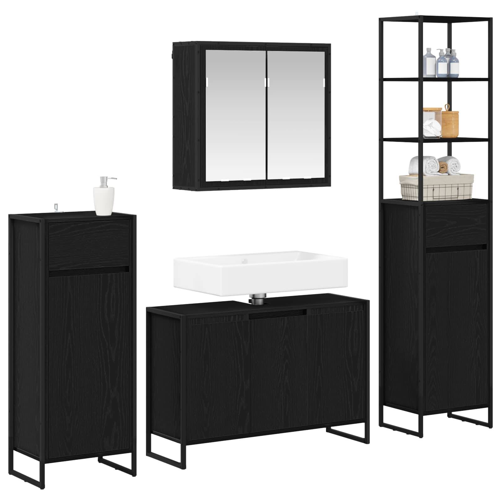 Schwarzes Badmöbel-Set mit Waschbeckenunterschrank, Spiegelschrank und Regaleinheit mit Körben und Flaschen. Minimalistisches Design.