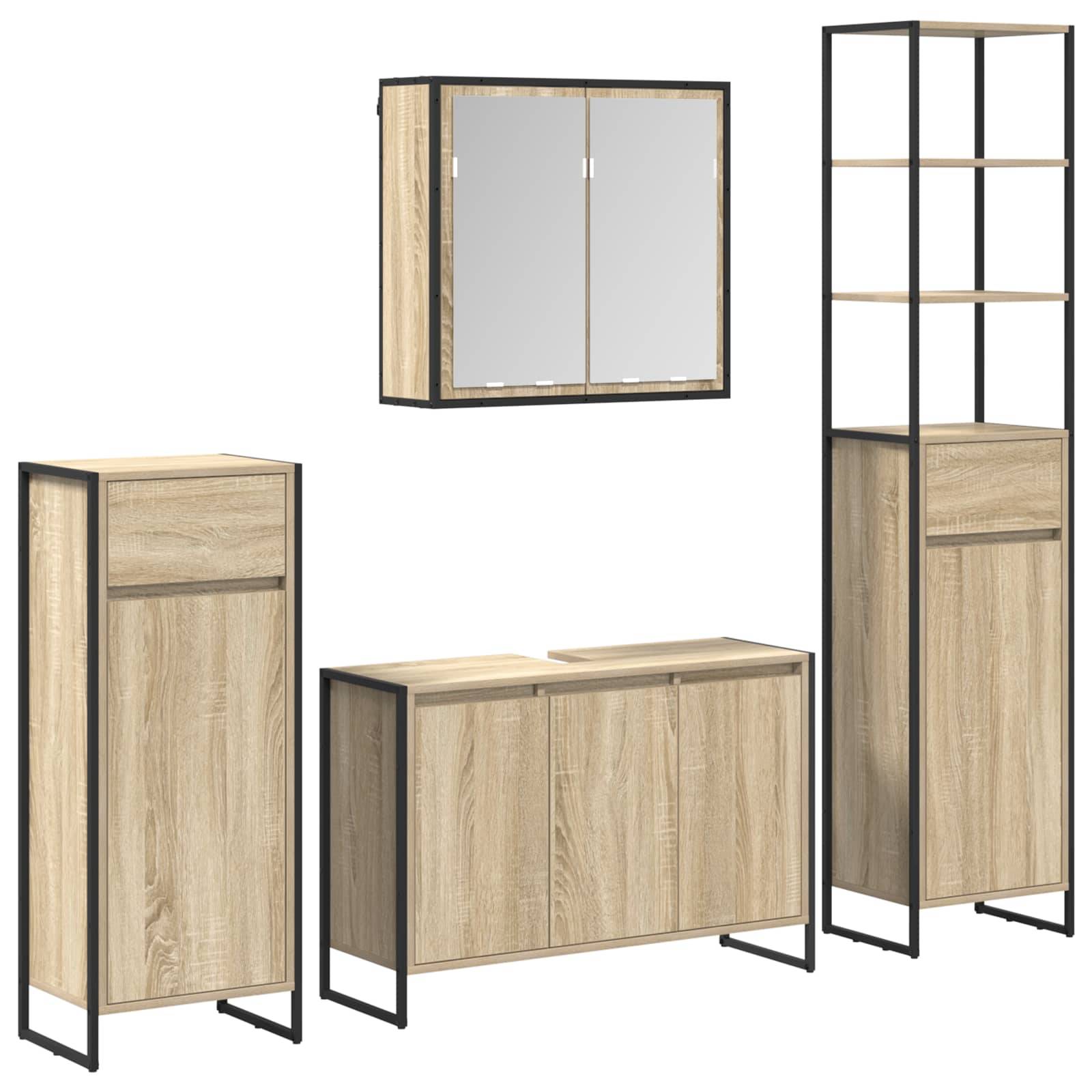 Eine Kollektion moderner Aufbewahrungsmöbel in hellem Holz mit schwarzen Metallrahmen. Umfasst ein hohes Regalmodul, einen Wandschrank mit Spiegel, ein Sideboard und einen Schrank.