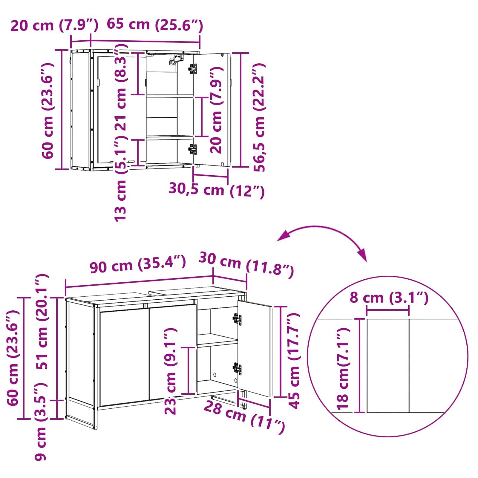 Möbel-Diagramm mit Maßangaben: Oberes Regal 20 cm Tiefe, 60 cm Höhe, Seitenansicht 90 cm Breite, 60 cm Höhe, 45 cm Tiefe.