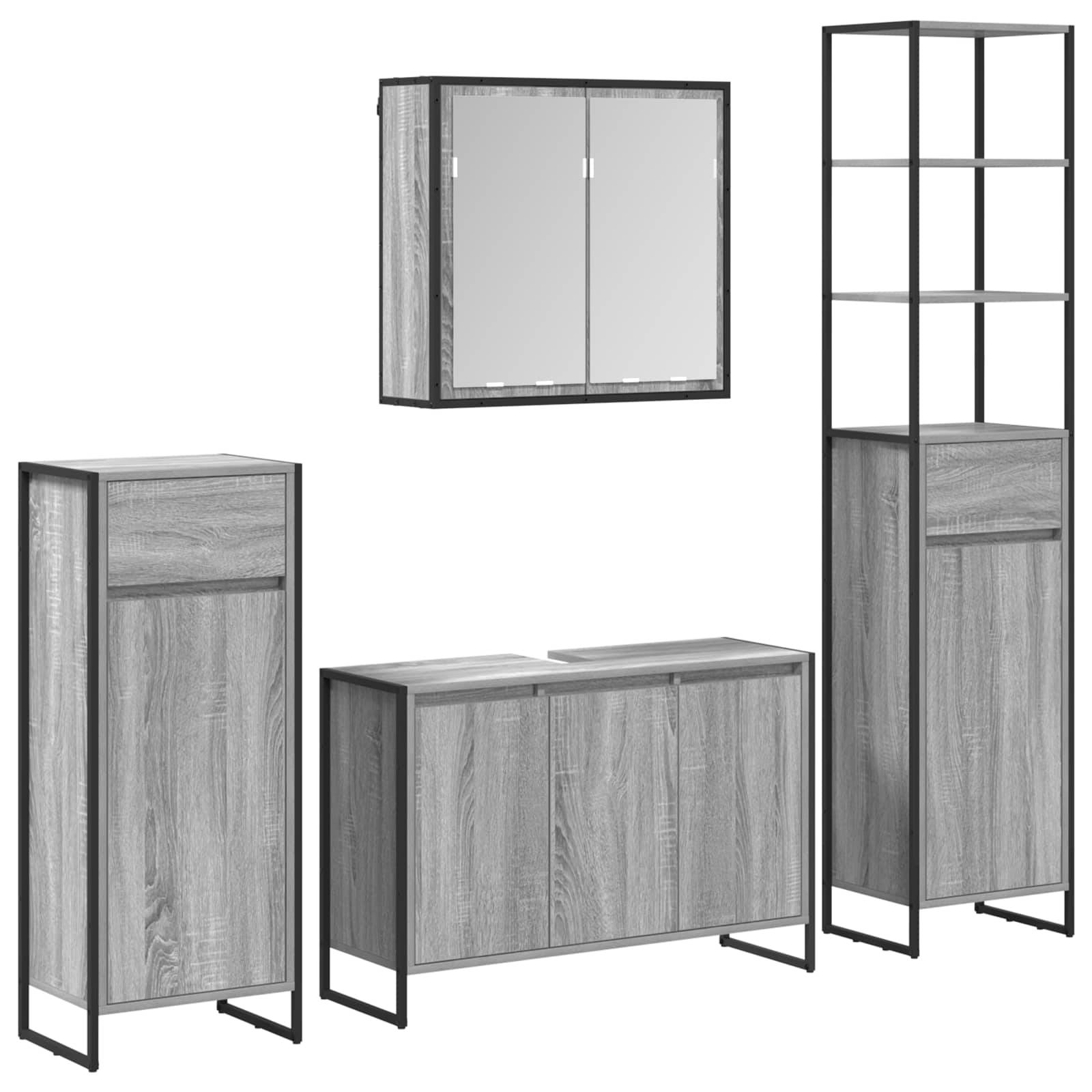 Eine Reihe moderner, minimalistischer Aufbewahrungsmöbelstücke in hellem Holz und schwarzen Metallrahmen, einschließlich Schränken und einem Regalsystem.