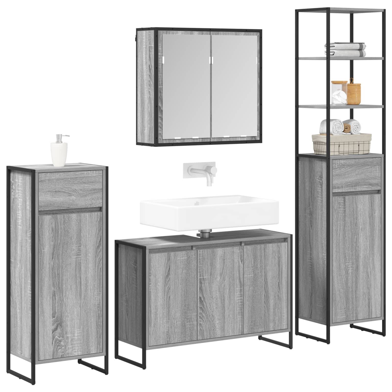 Moderne Badmöbel-Kollektion in Grauholz und schwarzem Metall. Umfasst einen Spiegelschrank, ein hohes Regal, einen Unterschrank und einen schmalen Schrank.