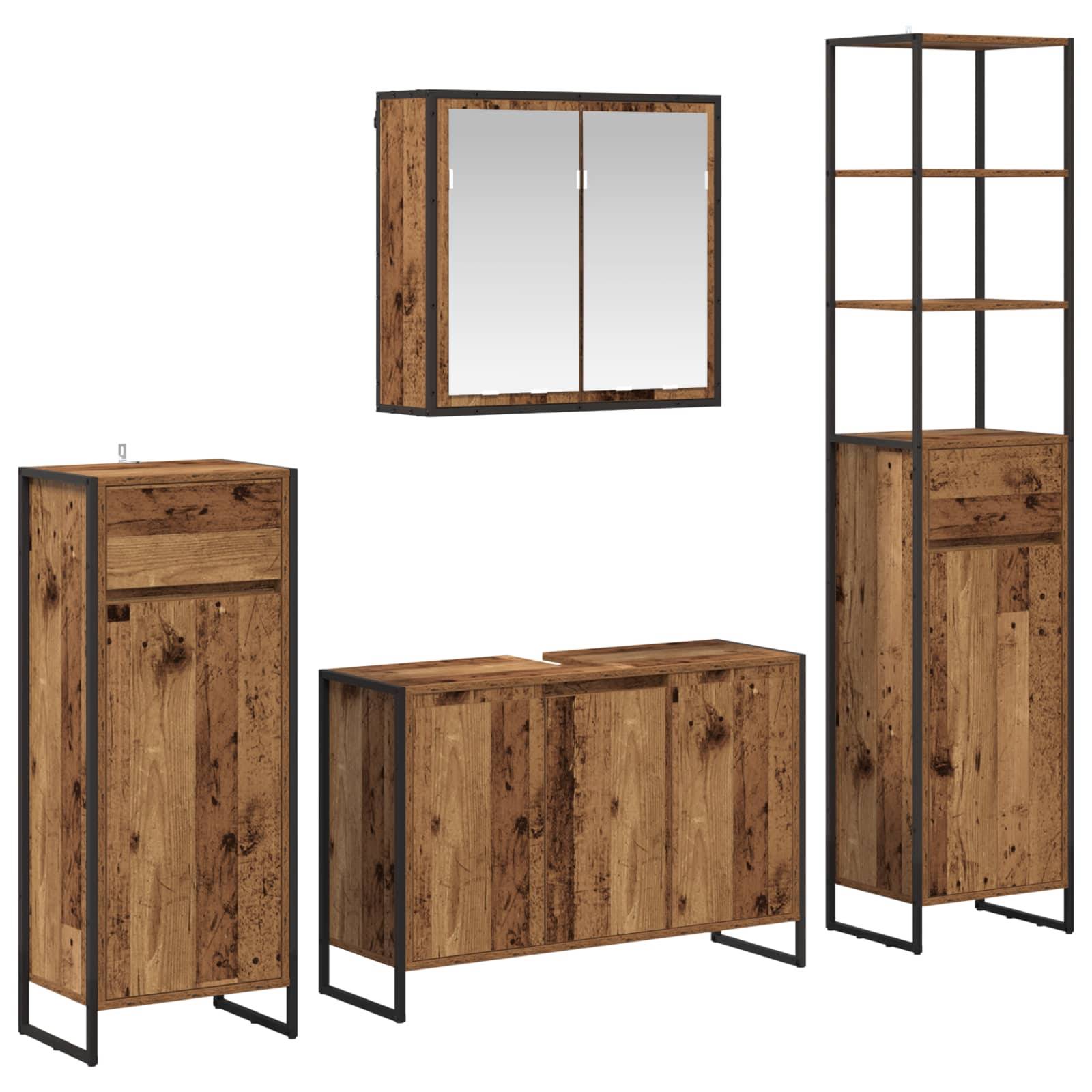 Vier Holzmöbelstücke mit schwarzen Metallrahmen: ein hohes Regalmodul, ein Schrank mit einer Schublade, ein Sideboard mit zwei Türen und ein Spiegelschrank für die Wand.