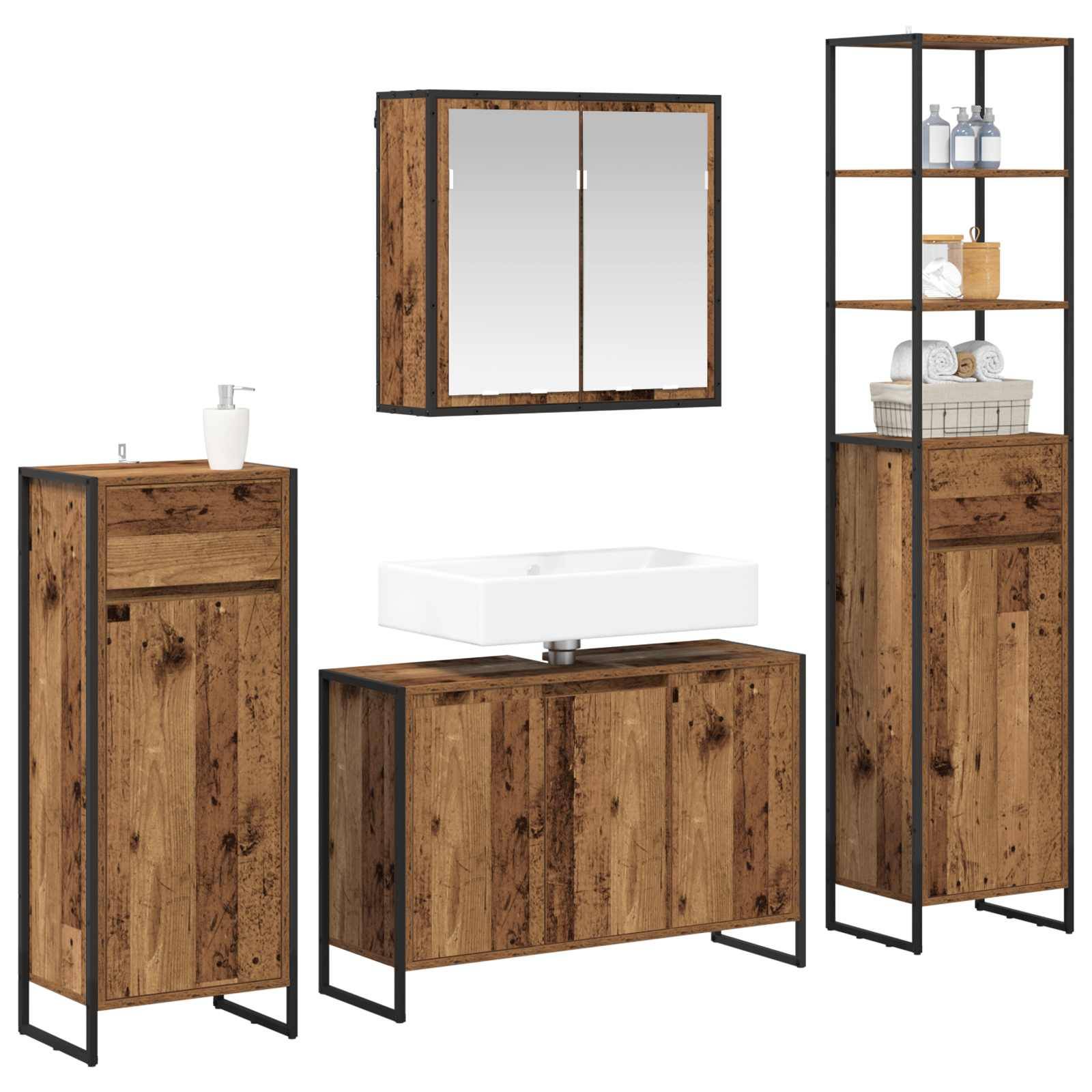 Set rustikaler Holz-Badmöbel mit Metallrahmen. Enthält einen Spiegelschrank, Waschtischunterschrank, hohe Regalsäule und einen kleineren Schrank.
