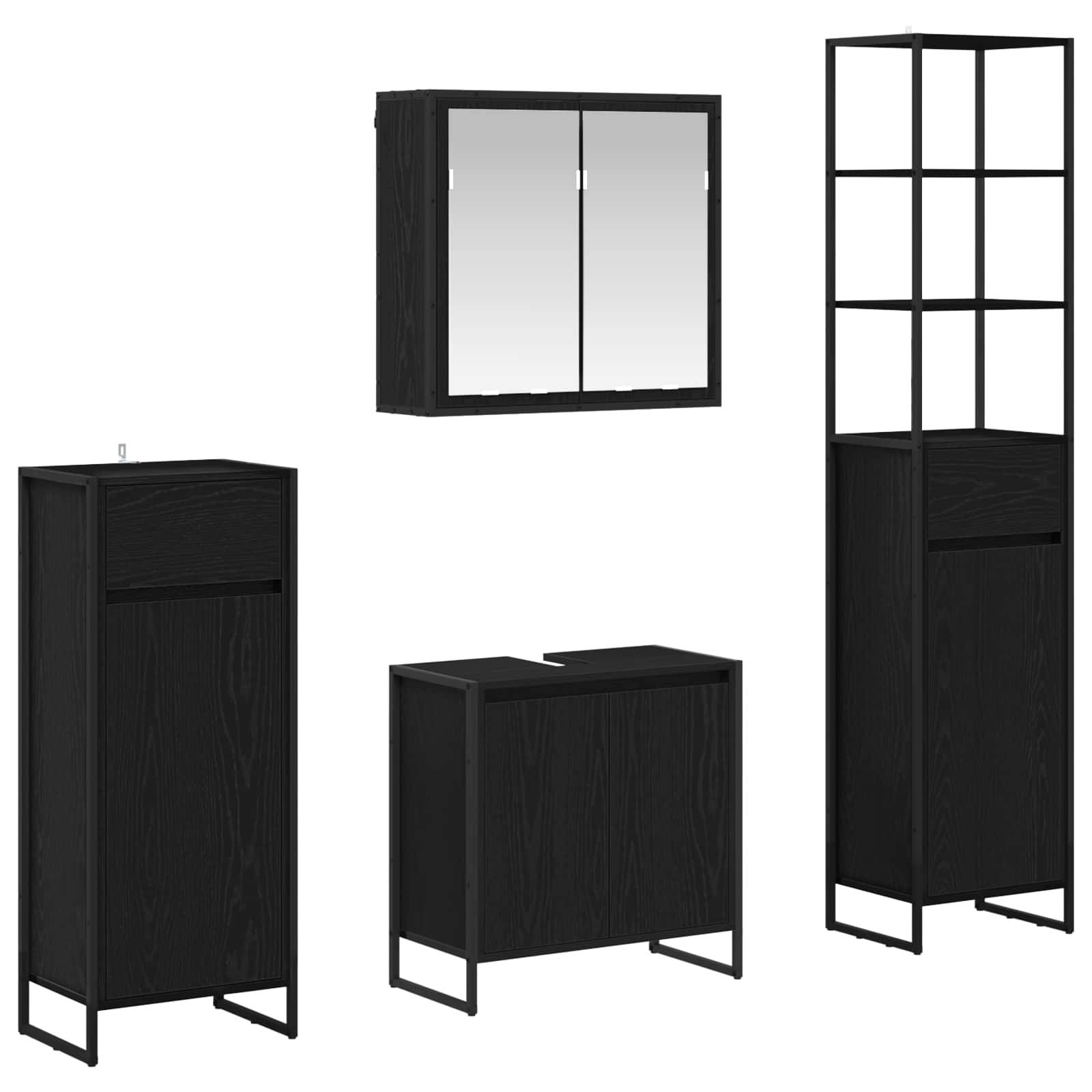 Ein Set aus schwarzer moderner Badmöbel, bestehend aus einem Wandschrank mit Spiegel, einem hohen offenen Regal, einem kompakten Bodenschrank und einer Schubladeneinheit.