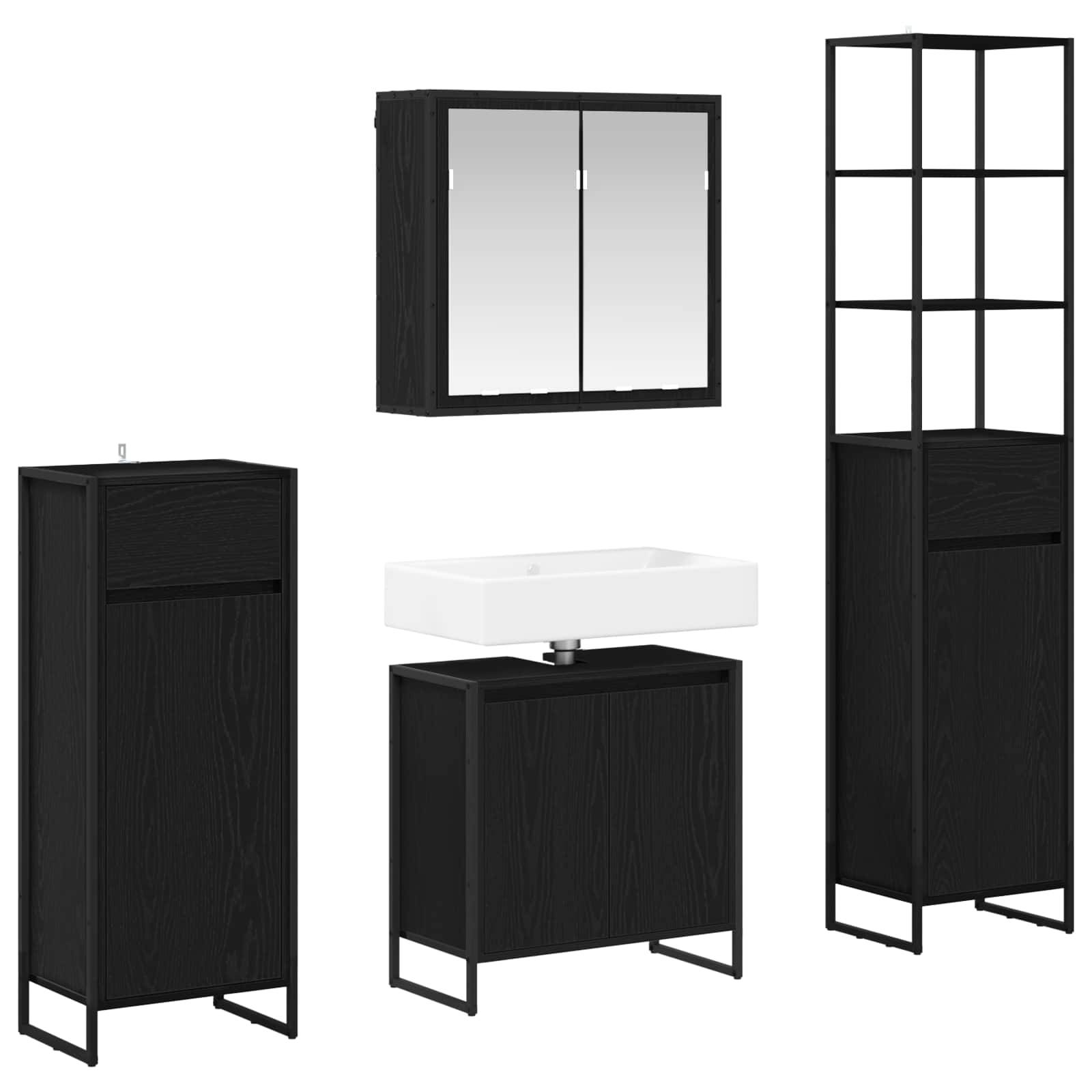 Schwarze Badmöbel-Kollektion mit Wandschrank, Spiegelschrank, Waschtischunterschrank und Regaleinheit, alle mit modernem, geradlinigem Design.