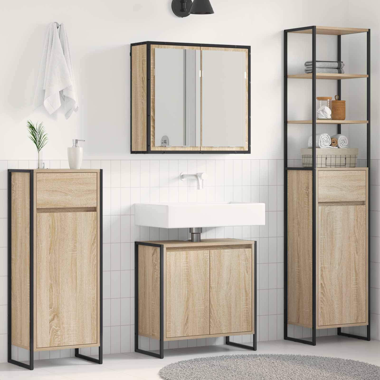 Modernes Badezimmer mit Holz- und schwarzen Metallschränken, weißem Waschbecken, Wandspiegel und dekorativer Pflanze, das ein minimalistisches Design schafft.