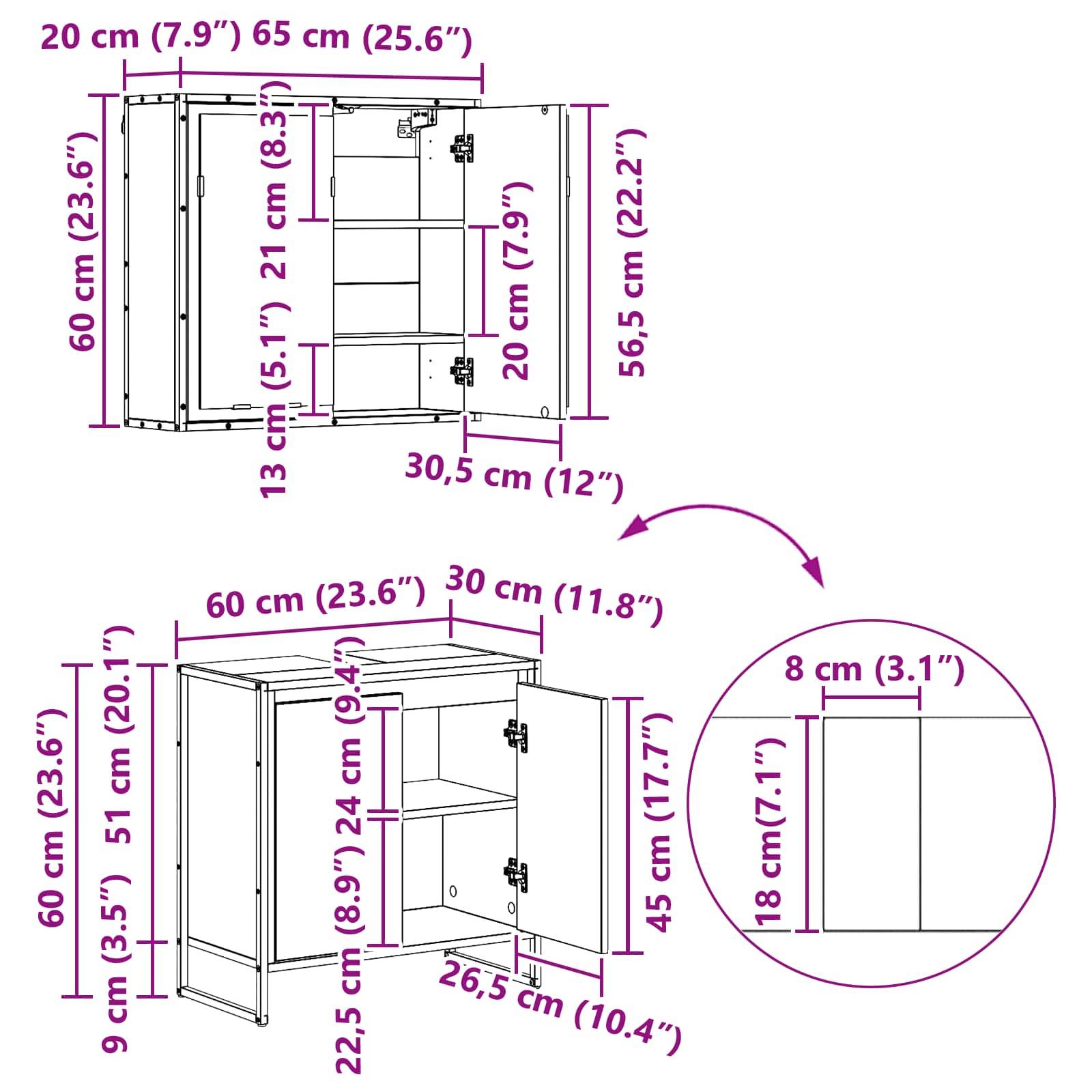 Abmessungen und Designdetails eines Zweitürenschranks mit Innenregalen. Hauptabmessungen: 20 cm tief, 65 cm breit, 60 cm hoch.