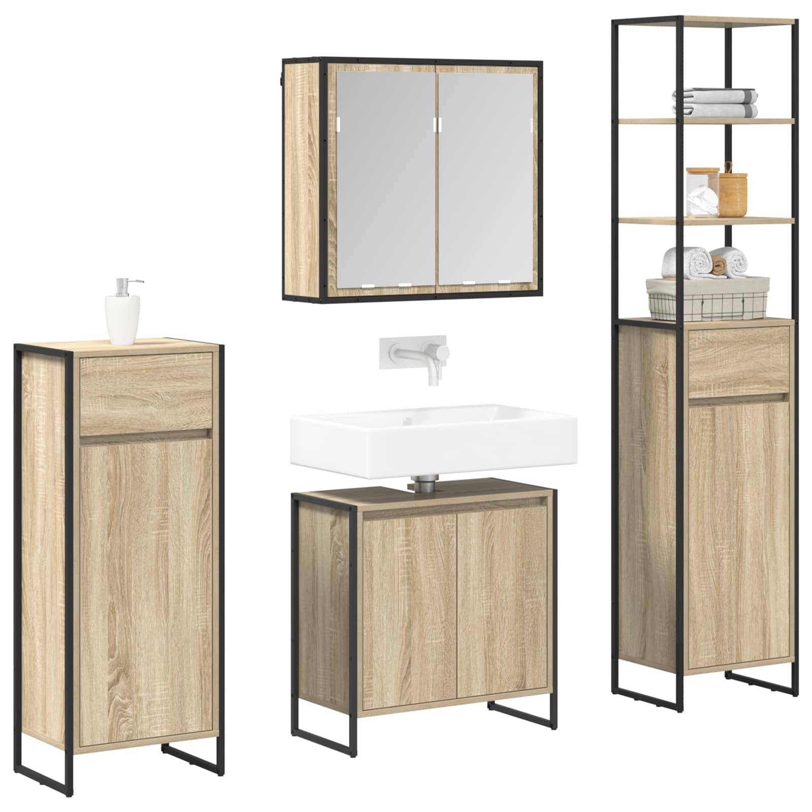 Badmöbel-Set umfasst einen Waschbeckenunterschrank, Spiegelschrank, hohe Regaleinheit und einen Schrank. Holzoptik mit schwarzen Metallrahmen.