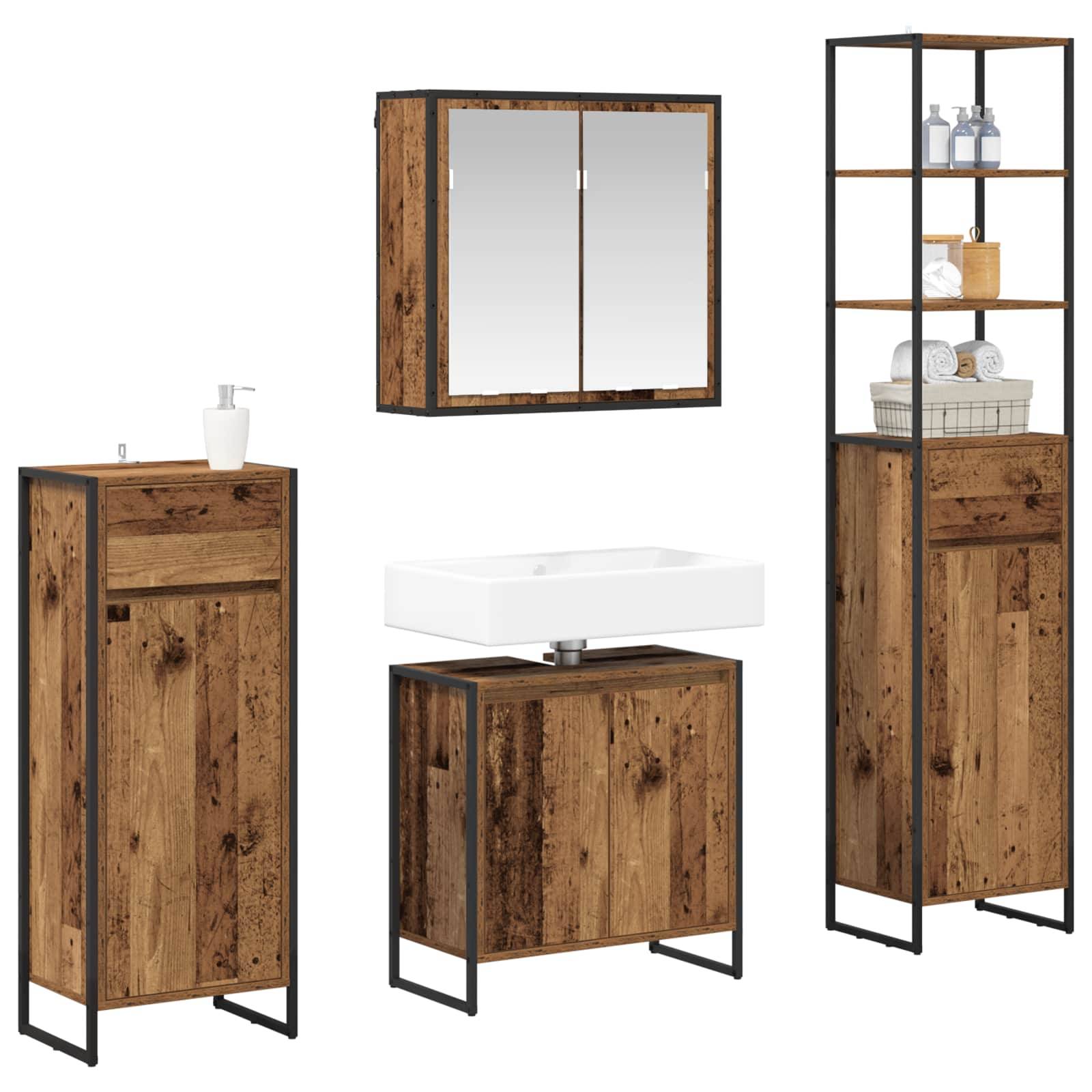 Badmöbel-Set im rustikalen Holzdesign mit schwarzen Metallrahmen. Umfasst Unterschrank, Spiegelschrank und Regale.