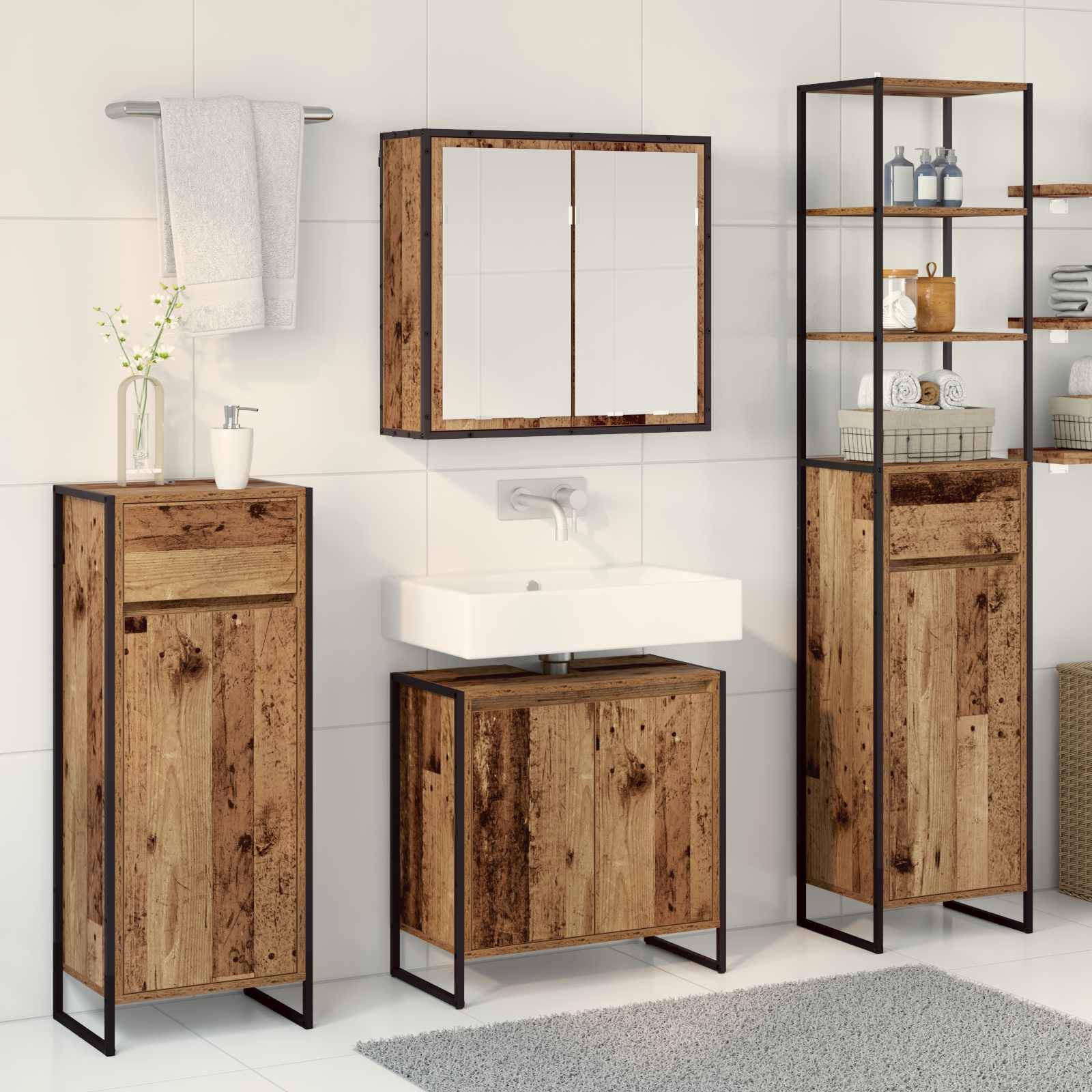 Ein modernes Badezimmer verfügt über Holzschränke und Regale mit einem weißen Waschbecken, Spiegel, Handtuchhalter und einer kleinen Vase mit Blumen, was einen rustikalen und gleichzeitig zeitgemäßen Eindruck vermittelt.