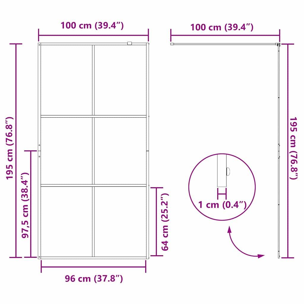 Diagramm einer rechteckigen Struktur mit Abmessungen: Höhe 195 cm, Breite 100 cm und seitliche Tiefe 1 cm. Interne Unterteilungen und Verbindungsdetails beschriftet.