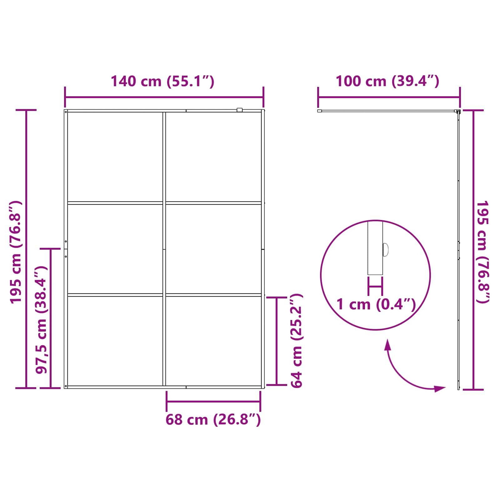 Diagramm eines Regals mit Maßen: Höhe 195 cm, Breite 140 cm, Tiefe 100 cm. Abschnitte sind 97,5 cm hoch und 68 cm breit.