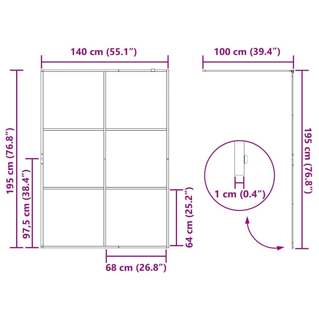 Diagramm mit den Abmessungen einer Struktur: Höhe 195 cm, Breite 140 cm. Abschnitte umfassen 97,5 cm, 68 cm, 64 cm und 100 cm. Ein kleiner Kreis hervorgehoben mit 1 cm.