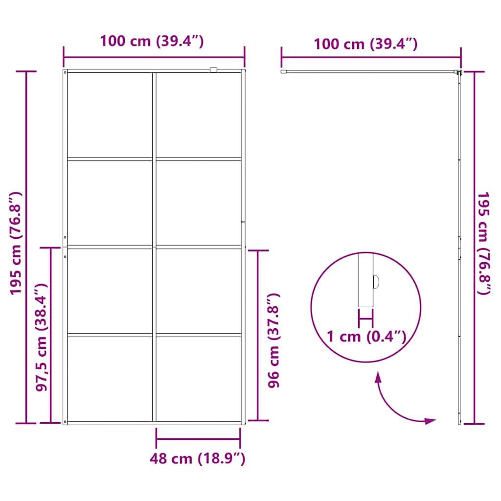 Diagramm einer Metallplatte mit Maßangaben: 195 cm Höhe, 100 cm Breite, 97,5 cm mittlerer Abschnitt. Seitenansicht Höhe beträgt 96 cm bei einer Plattenstärke von 1 cm.