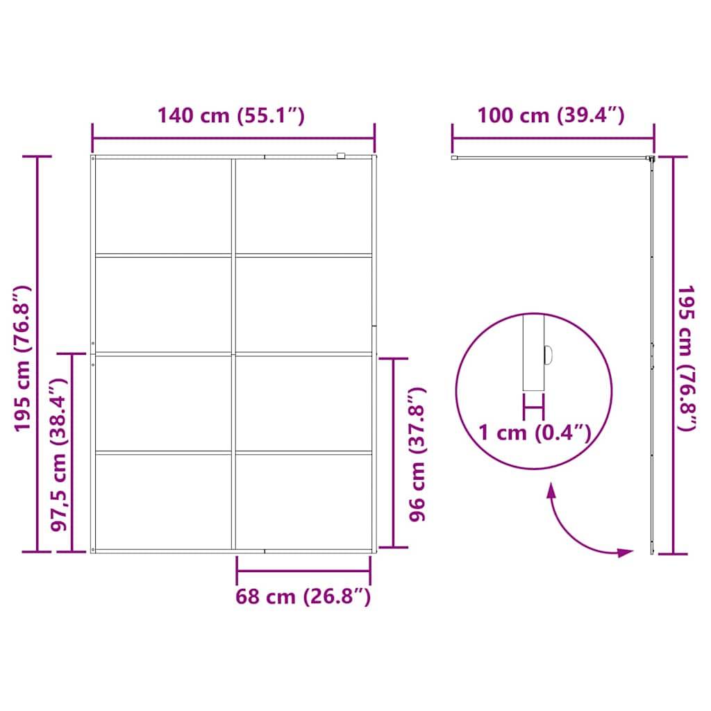 Diagramm einer rechteckigen Struktur mit 140 cm Breite und 195 cm Höhe. Raster mit 96 cm und 97,5 cm Abschnitten. Enthält Scharnier-Detail.