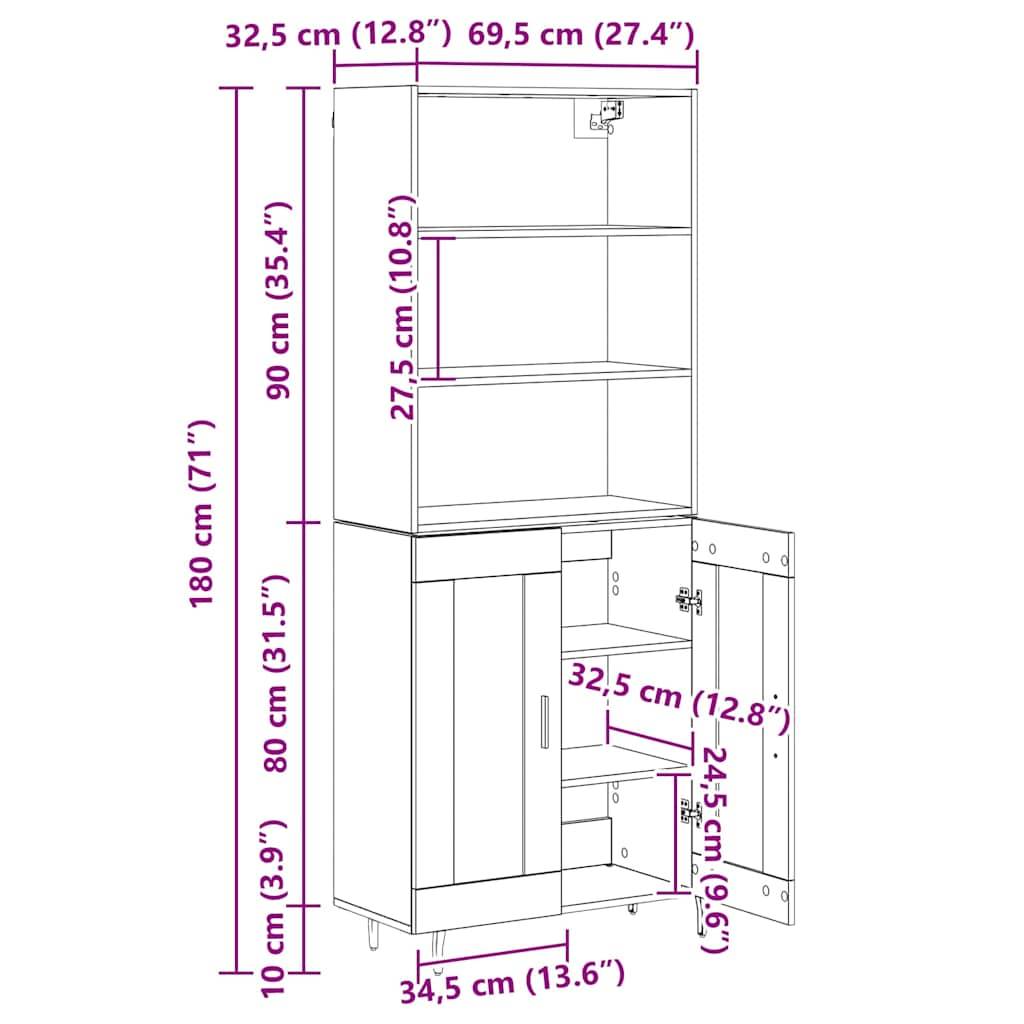 vidaXL Highboard Altholz 69,5 x 34 x 180 cm Engineered Wood und Glas