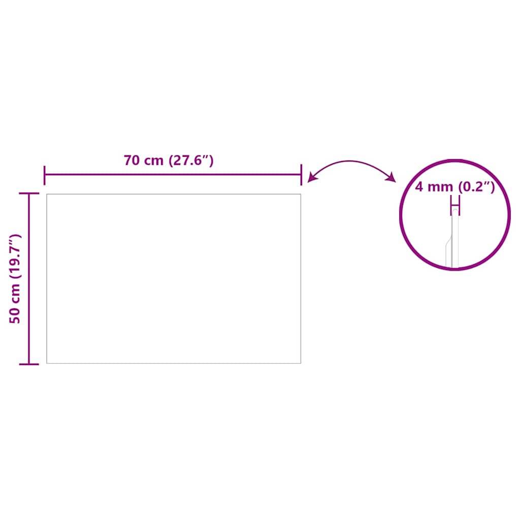 Abmessungen eines Rechtecks: 70 cm (27,6 Zoll) breit und 50 cm (19,7 Zoll) hoch. Randdicke beträgt 4 mm (0,2 Zoll).