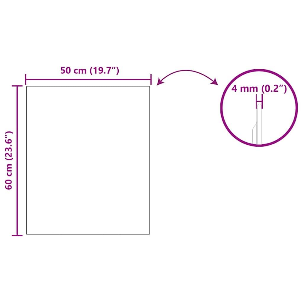 Diagramm eines rechteckigen Objekts mit Abmessungen von 60 cm x 50 cm (23,6 x 19,7 Zoll) und einer Dicke von 4 mm (0,2 Zoll).