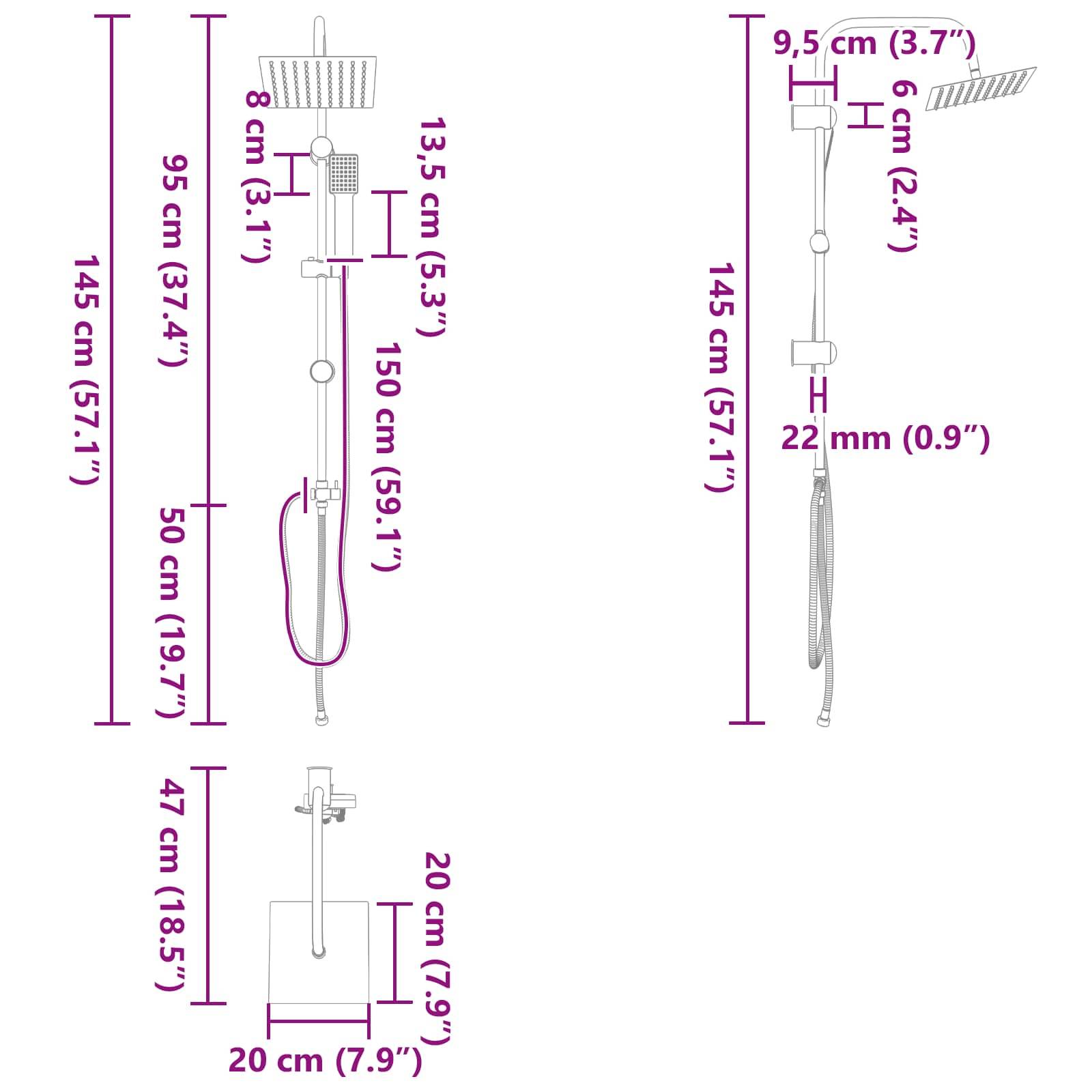 Diagramm eines Duschsystems mit Maßen: 145 cm Höhe, 95 cm Handbrausenhöhe, 15 cm Überkopfbrause und 22 mm Rohrdurchmesser.