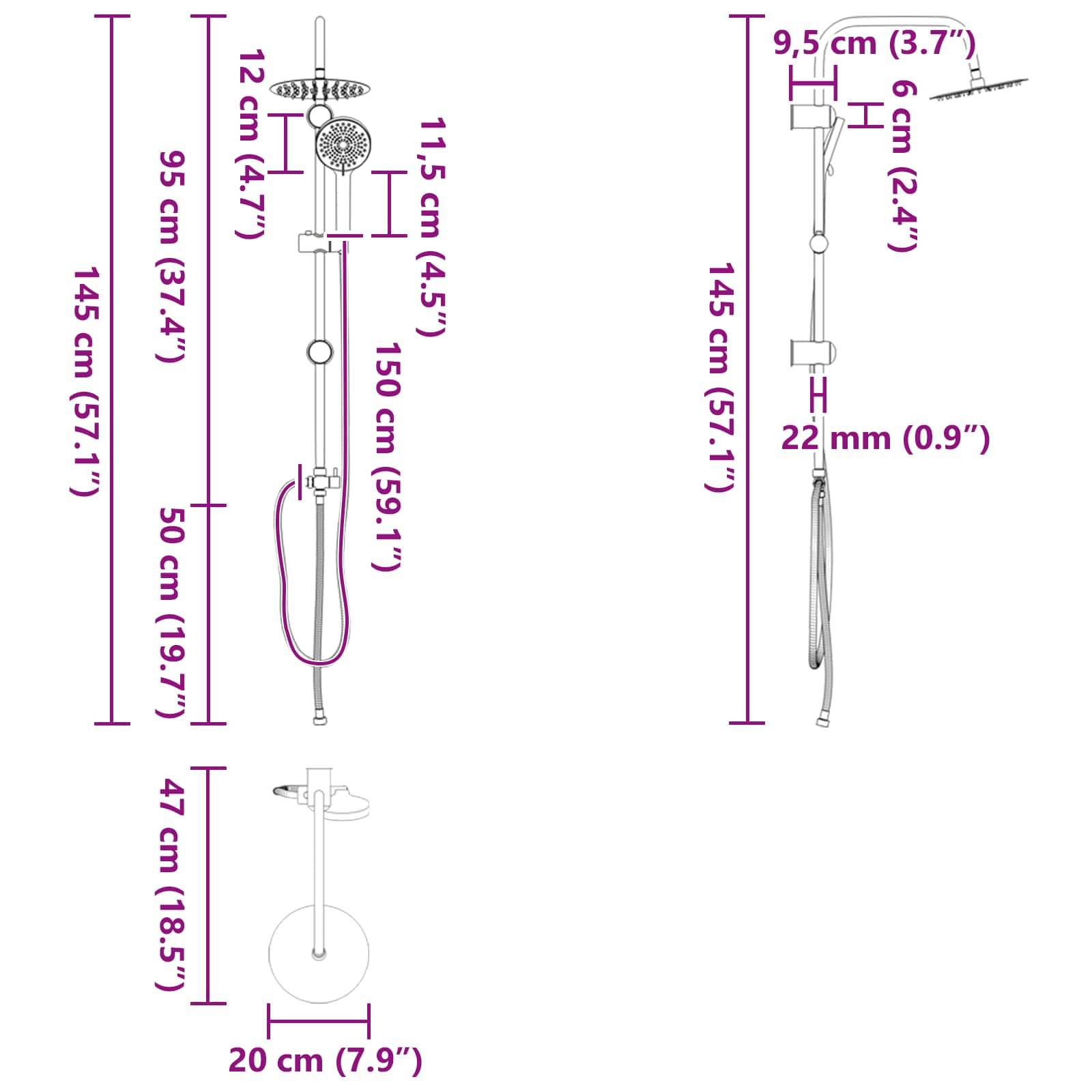 Diagramm eines Duschsystems mit Maßangaben: Gesamthöhe 145 cm (57,1 Zoll), Duschkopf verstellbar zwischen 95 cm (37,4 Zoll) und 145 cm (57,1 Zoll), Schlaunchlänge 150 cm (59,1 Zoll).