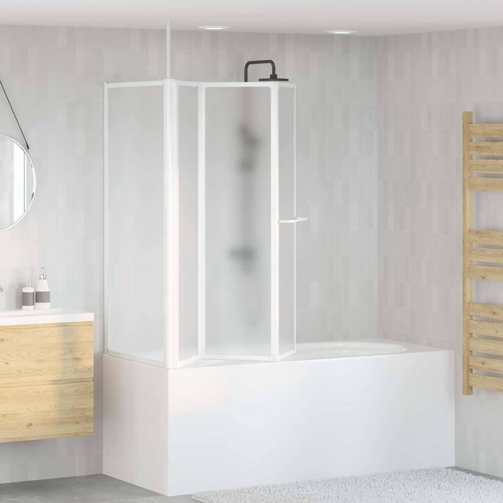 Ein modernes Badezimmer zeigt eine Duschkabine mit Milchglasabtrennung neben einem Holzwaschbeckenunterschrank mit einem runden Spiegel, der einen klaren, minimalistischen Look schafft.