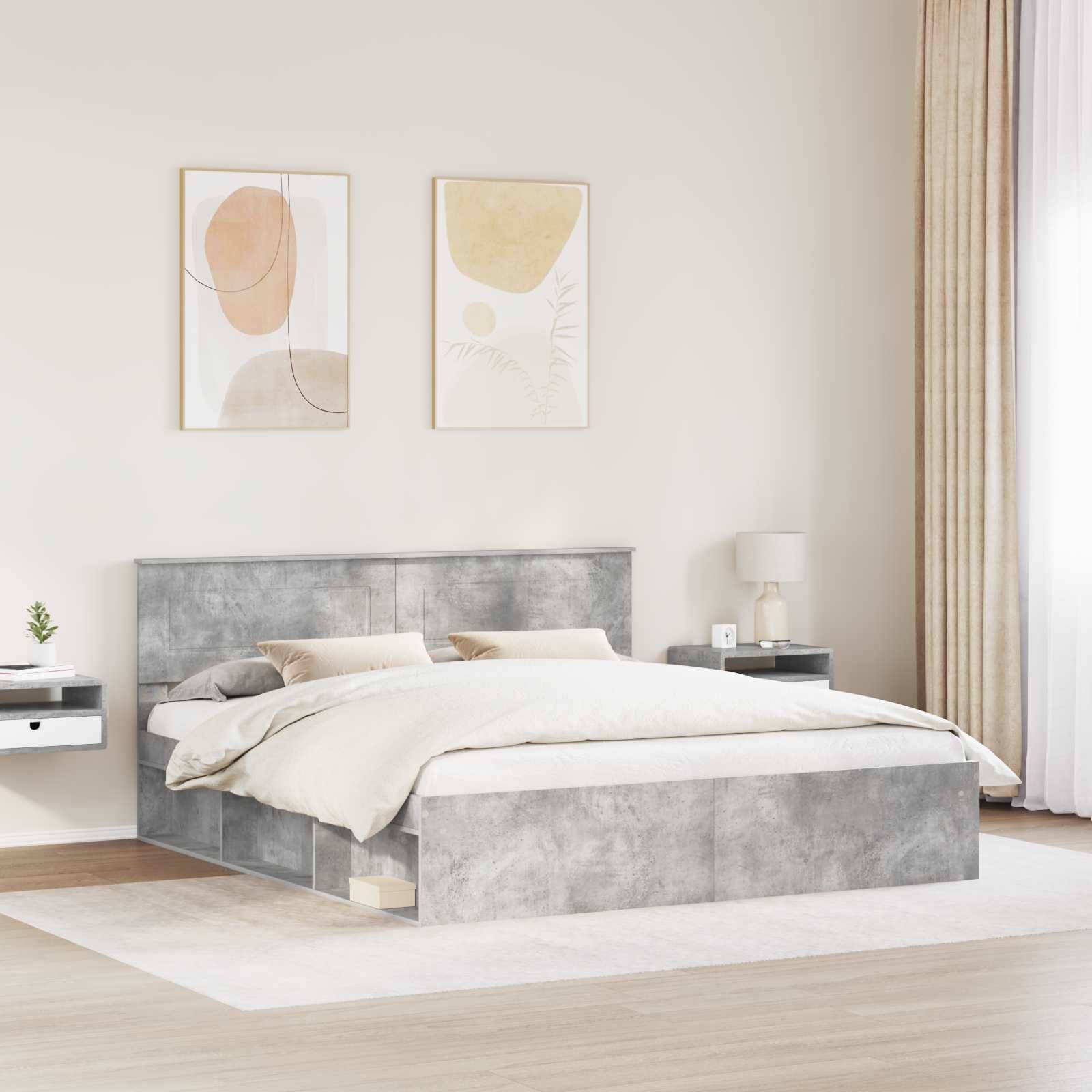 Ein modernes Schlafzimmer zeigt ein graues gepolstertes Bett, weiße Bettwäsche, einen schwebenden Nachttisch und abstrakte Wandkunst, wodurch eine minimalistische Ästhetik entsteht.