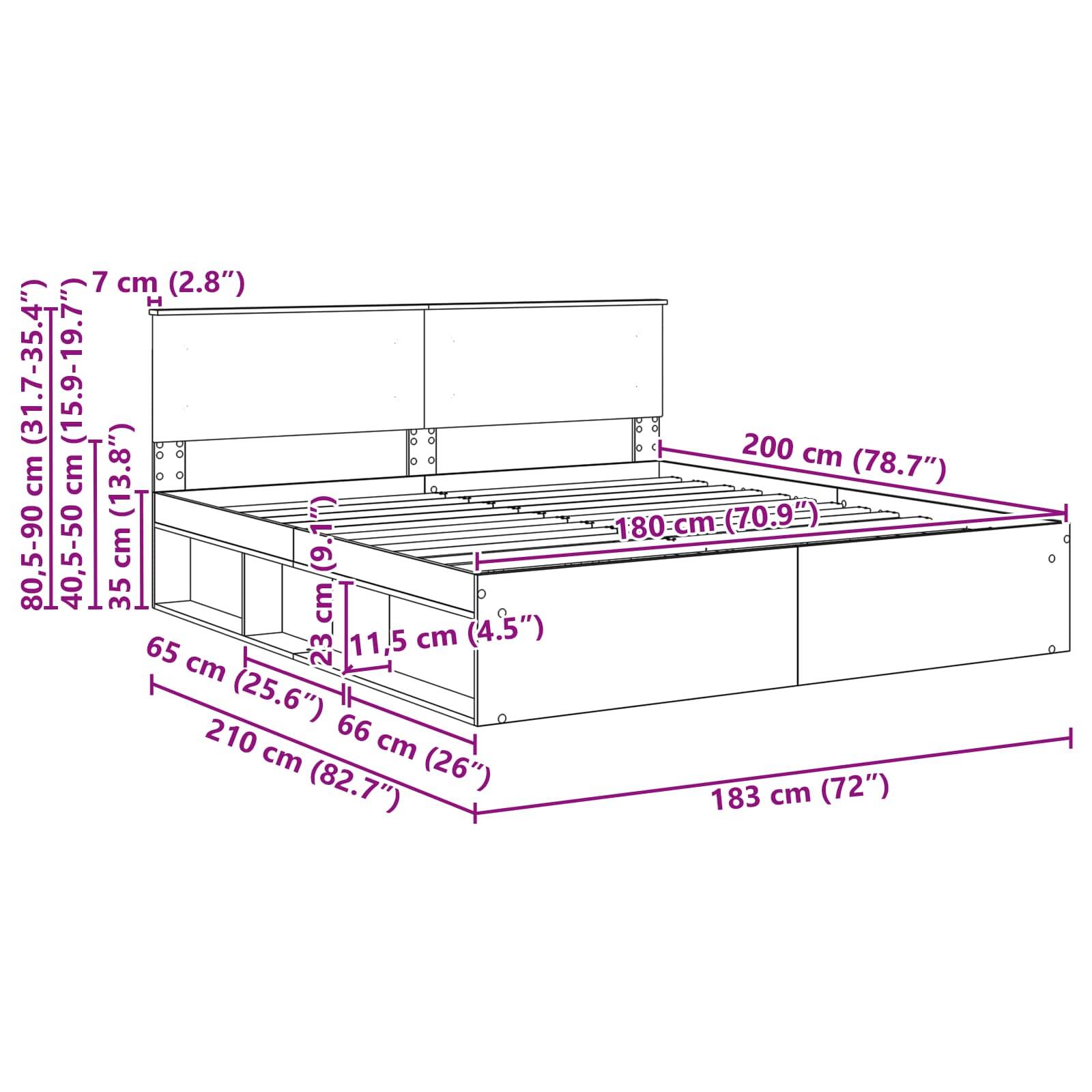 Eine Linienzeichnung eines Bettes mit Abmessungen: Breite 200 cm, Länge 183 cm, Höhe 80,5-103,5 cm. Inklusive Aufbewahrungsschubladen und verstellbarem Kopfteil.