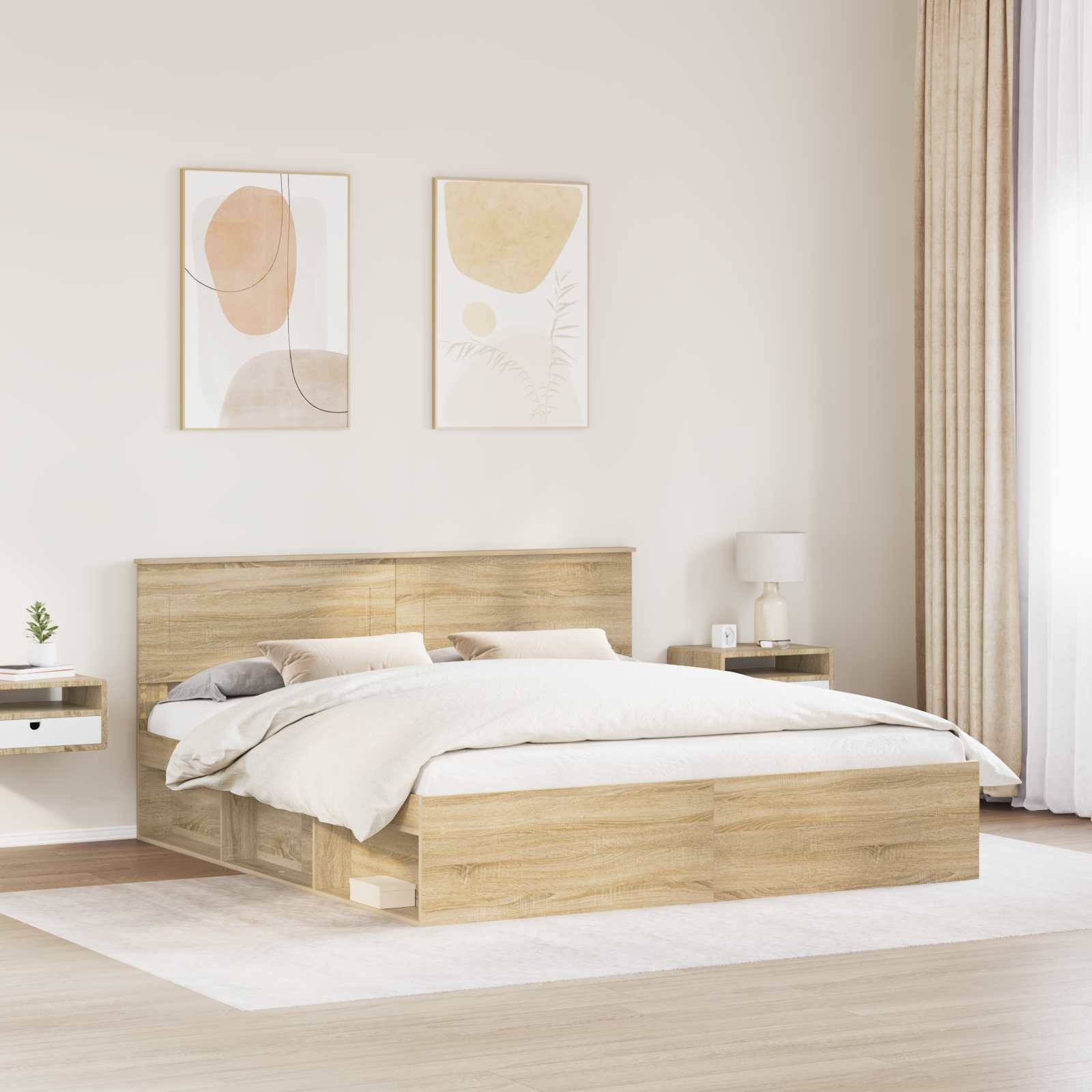 Ein modernes Schlafzimmer mit einem Holzbett, zwei abstrakten Gemälden darüber, schwebenden Nachttischen und einer Lampe. Helles und minimalistisches Design.