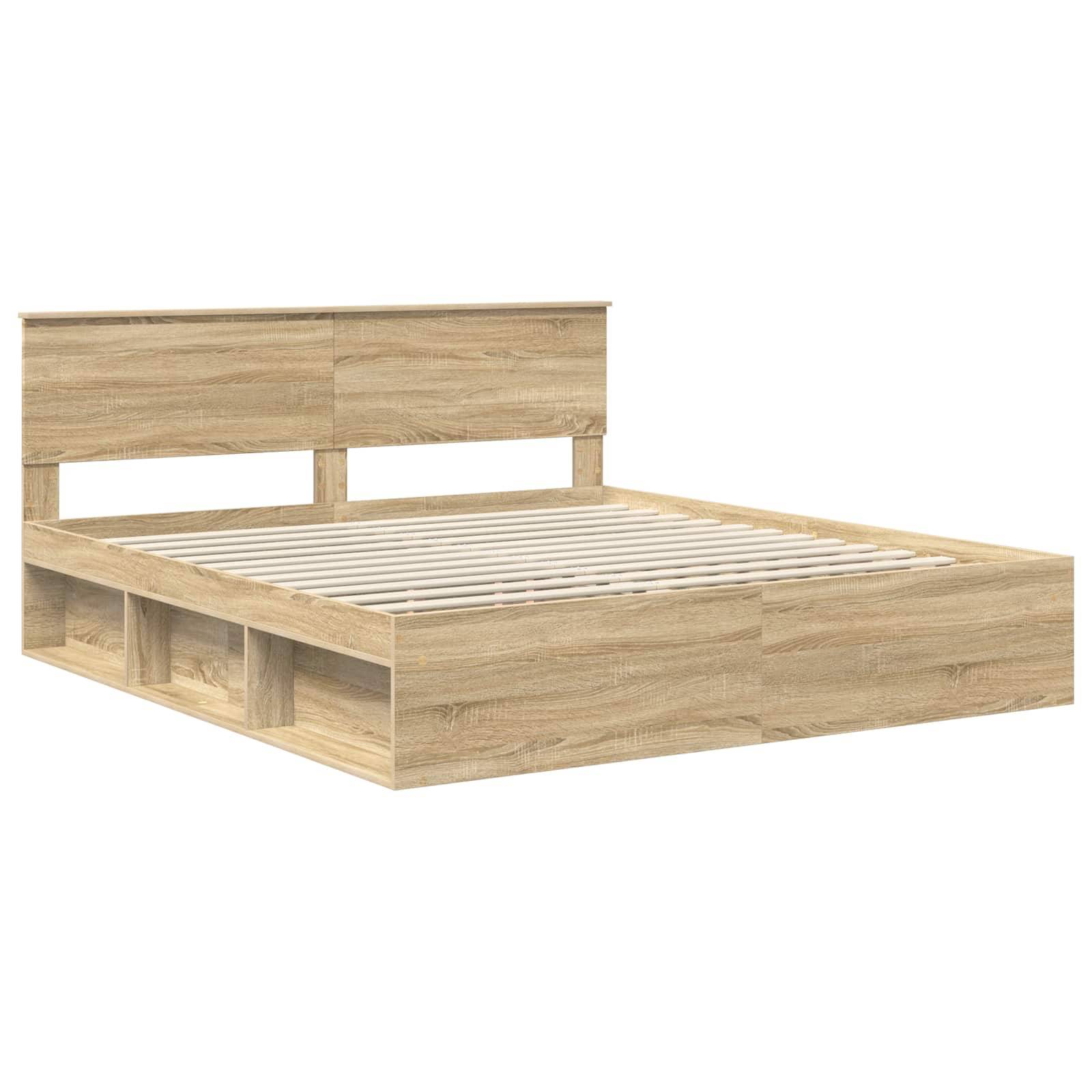 Ein Holzbettgestell mit modernem Design, ausgestattet mit einem Kopfteil und Stauraummöglichkeiten darunter.