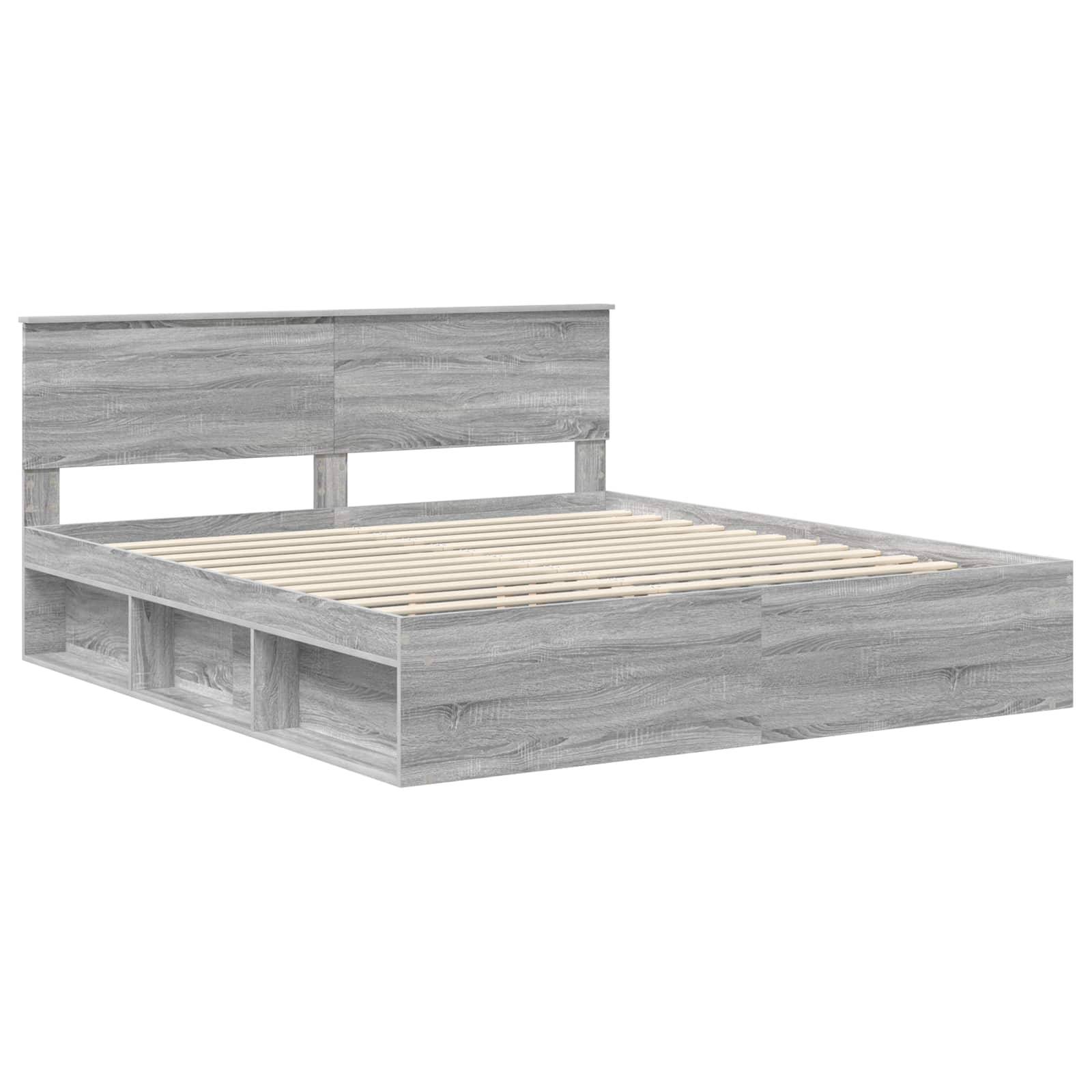Ein Bettgestell aus Holz mit grauer Beschichtung, ausgestattet mit einem schlichten Kopfteil und einer Lattenbasis, geeignet für eine Standardmatratze.