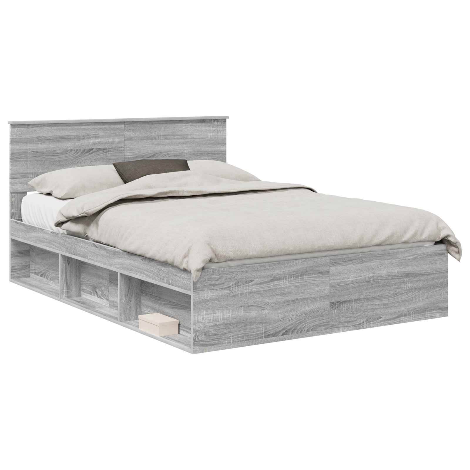 Ein moderner Bettrahmen aus grauem Holz mit hohem Kopfteil, beigefarbener Bettwäsche und drei eingebauten Stauraum-Nischen an der Basis, präsentiert in einer Schlafzimmerumgebung.