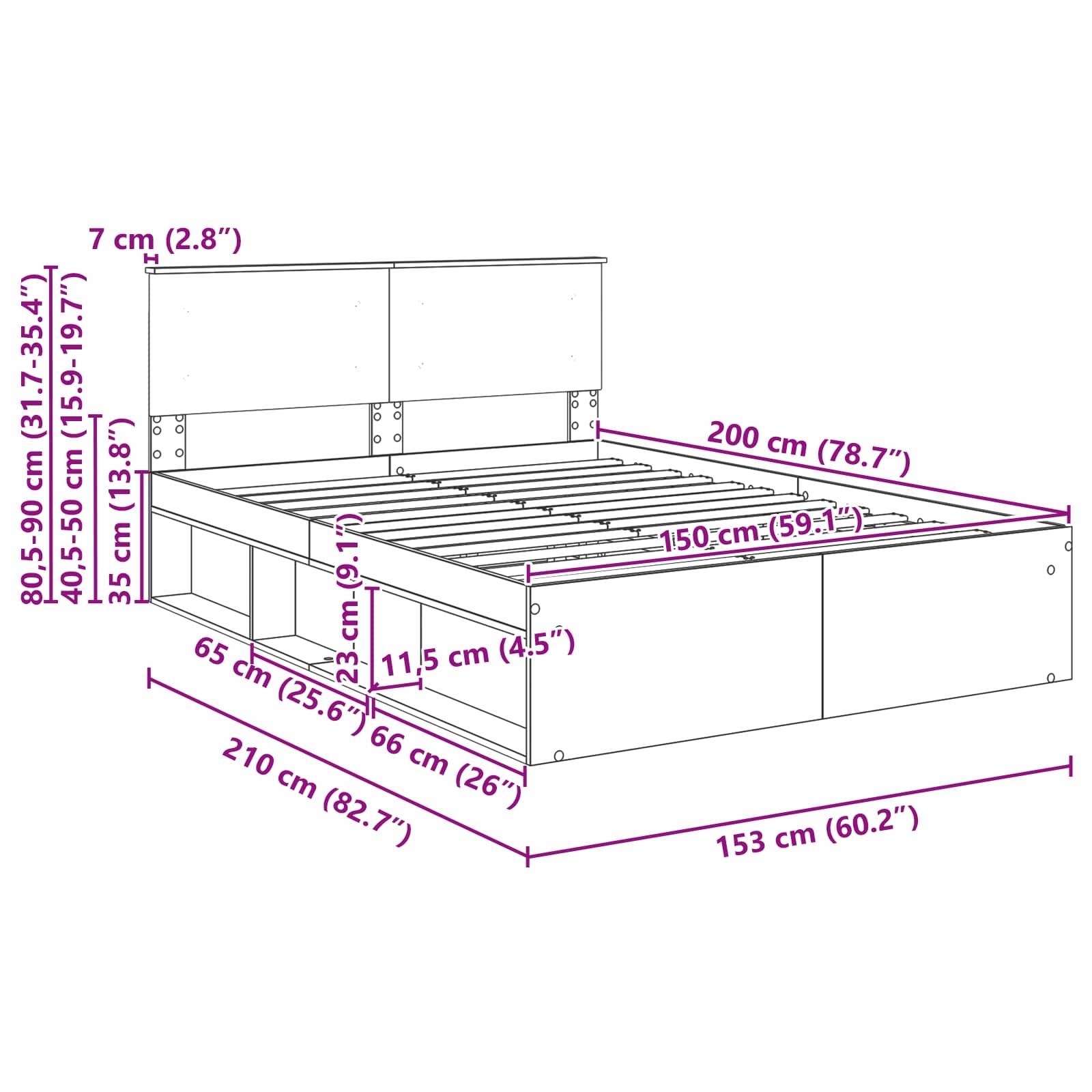 Maßskizze eines Bettgestells: Breite 153 cm, Länge 210 cm, Höhe 80,5-90 cm. Maximale Matratzengröße 150x200 cm. Inklusive Stauraum.