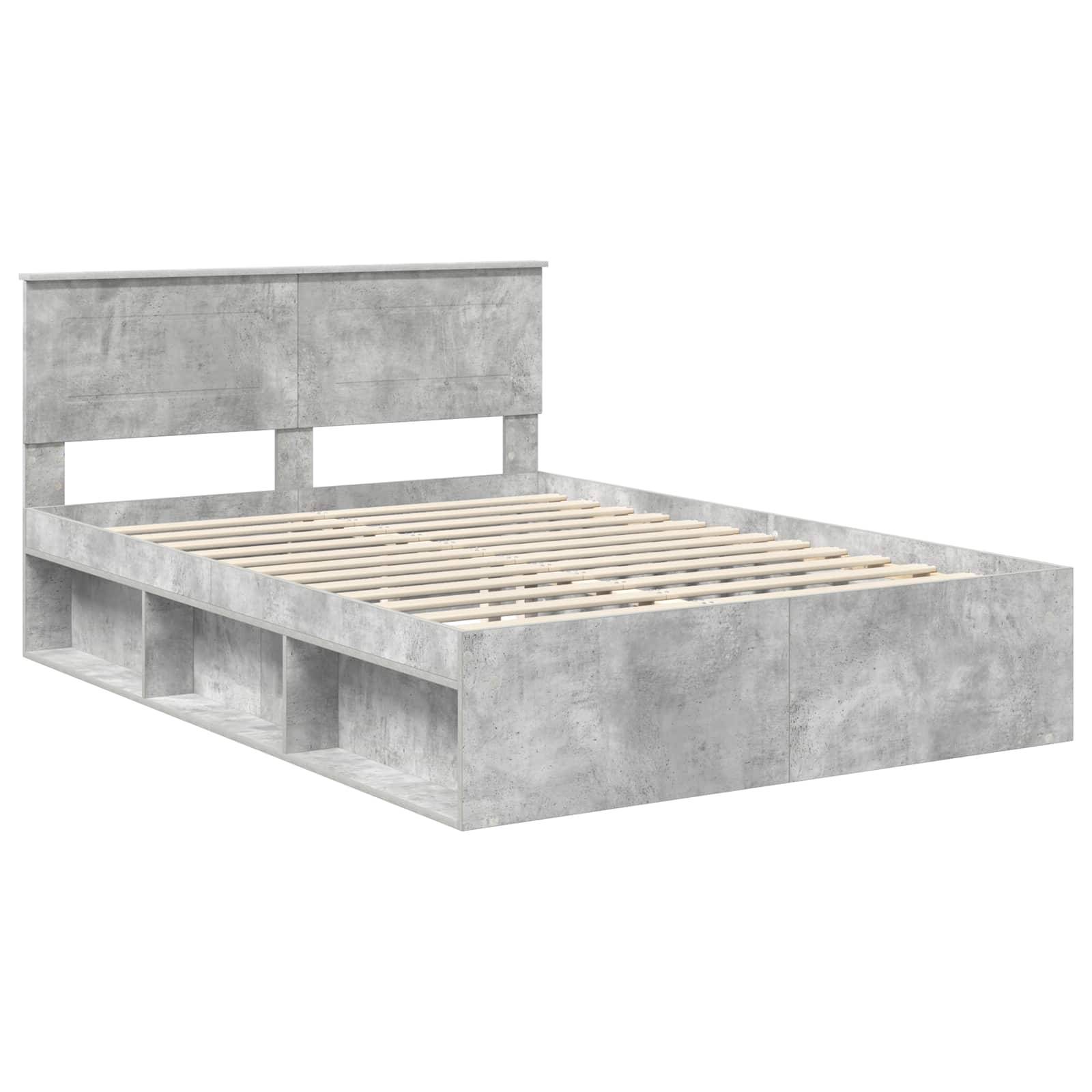 Ein grauer Bettenrahmen im Betonlook mit mehreren integrierten Stauraummöglichkeiten unter dem Bett. Das Bett hat ein schlichtes, minimalistisches Design.