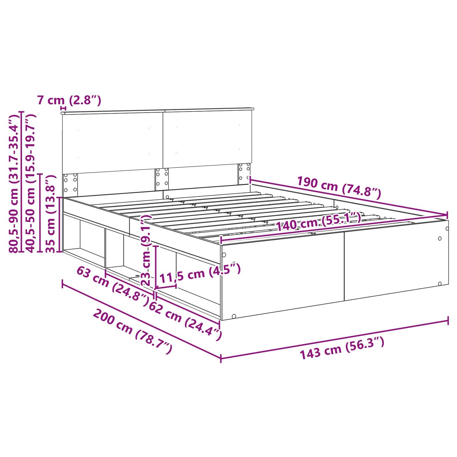 Abmessungen eines Bettgestells werden wie folgt angegeben: 190 cm lang, 140 cm breit. Die Höhe variiert von 80,5-90 cm am Kopfende bis 40,5-50 cm am Fußende.