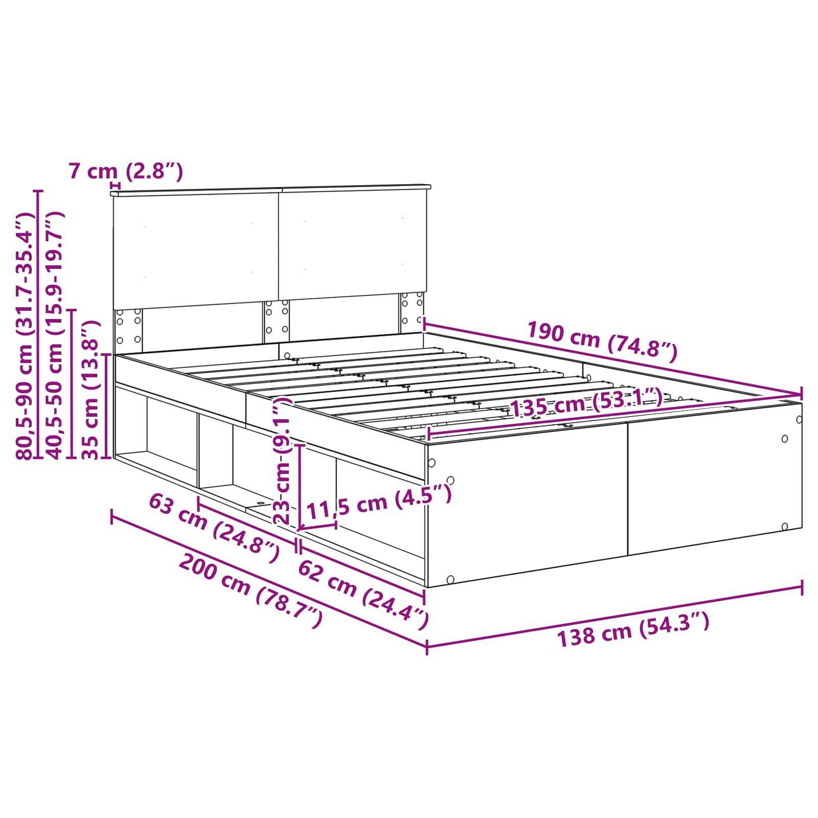 Eine Skizze eines Bettgestells mit beschrifteten Abmessungen: Länge 200 cm, Breite 138 cm, Höhe 80,5-90 cm. Enthält Maße des Innenstauraums.
