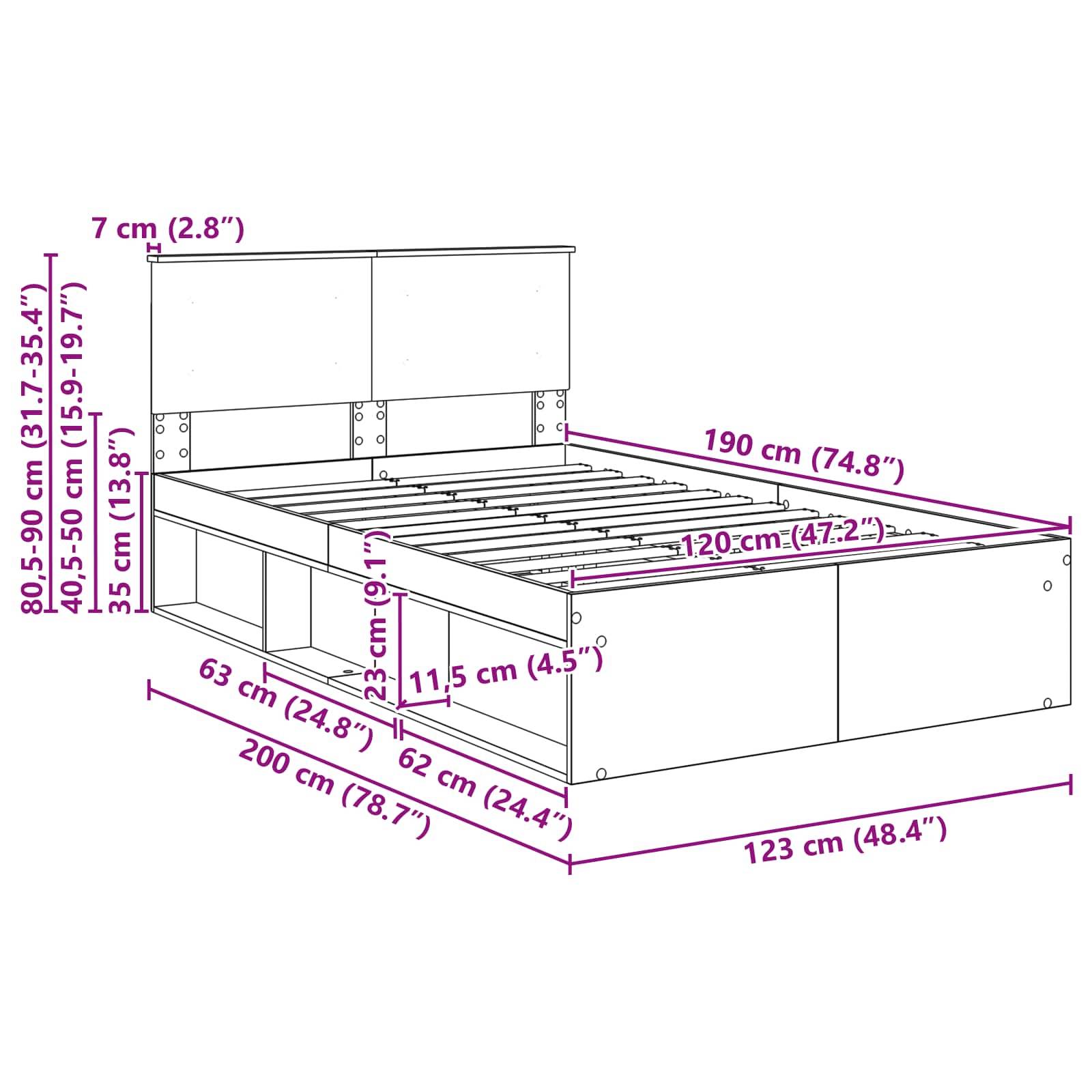Diagramm eines Bettgestells mit Stauraum, mit Maßangaben: Höhe 80,5-90 cm, Länge 200 cm, Breite 123 cm, mit detaillierten internen Maßen.