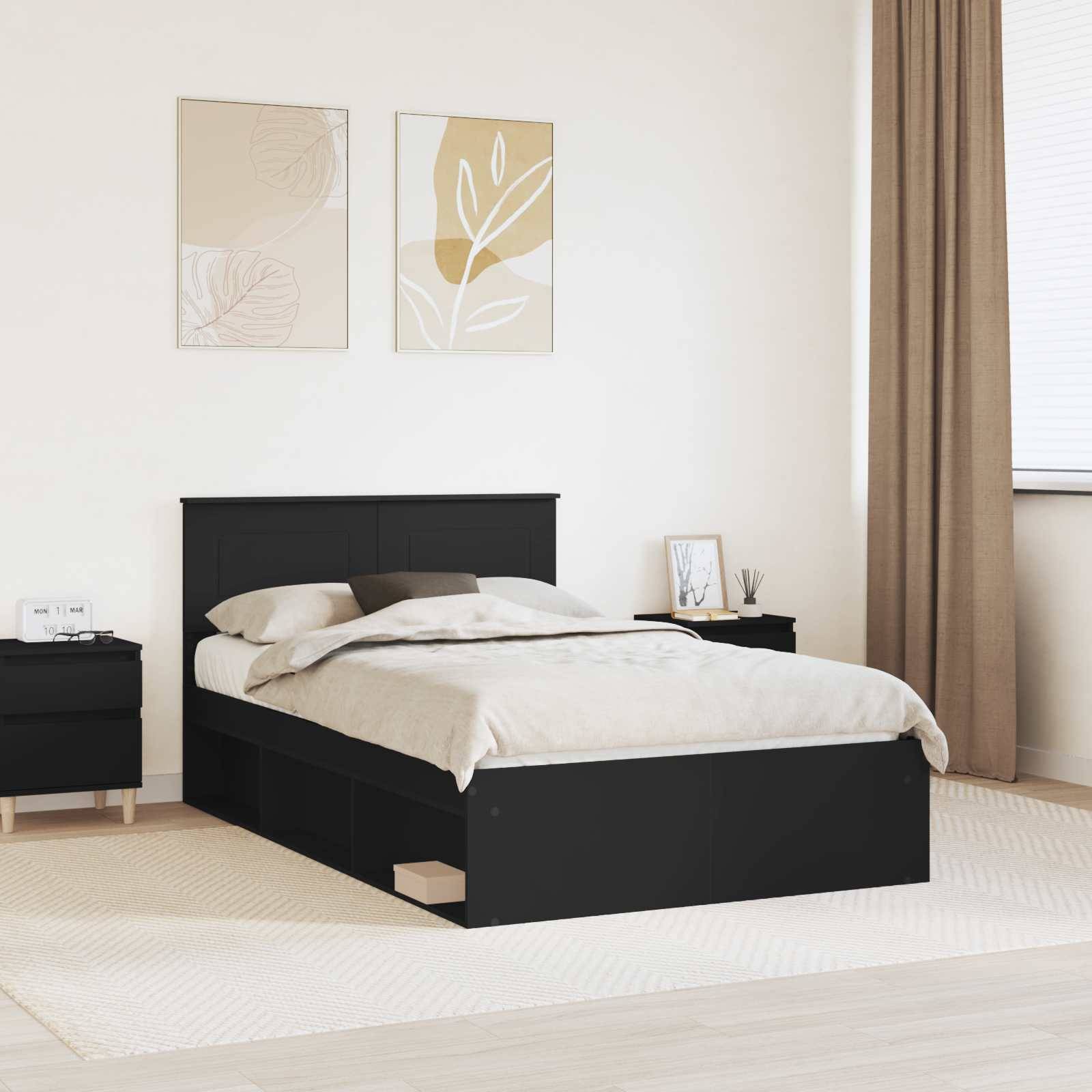 Ein modernes Schlafzimmer mit einem dunklen Bett, beigefarbener Bettwäsche, minimalistischer Dekoration, einem Nachttisch und gerahmter abstrakter Kunst an der Wand.