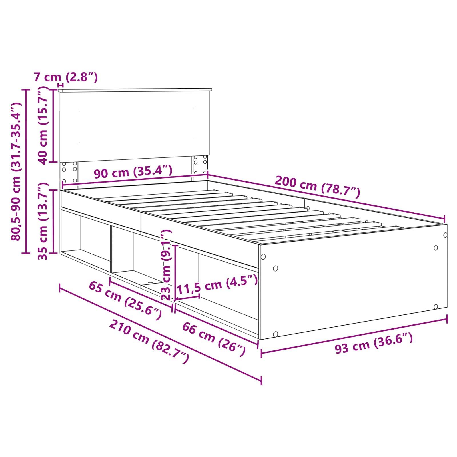 Technische Zeichnung eines Bettgestells mit Stauraum, mit folgenden Dimensionen: Höhe 80,5-90 cm, Länge 210 cm und Breite 93 cm. Inklusive Unterbett-Stauraumfächern.