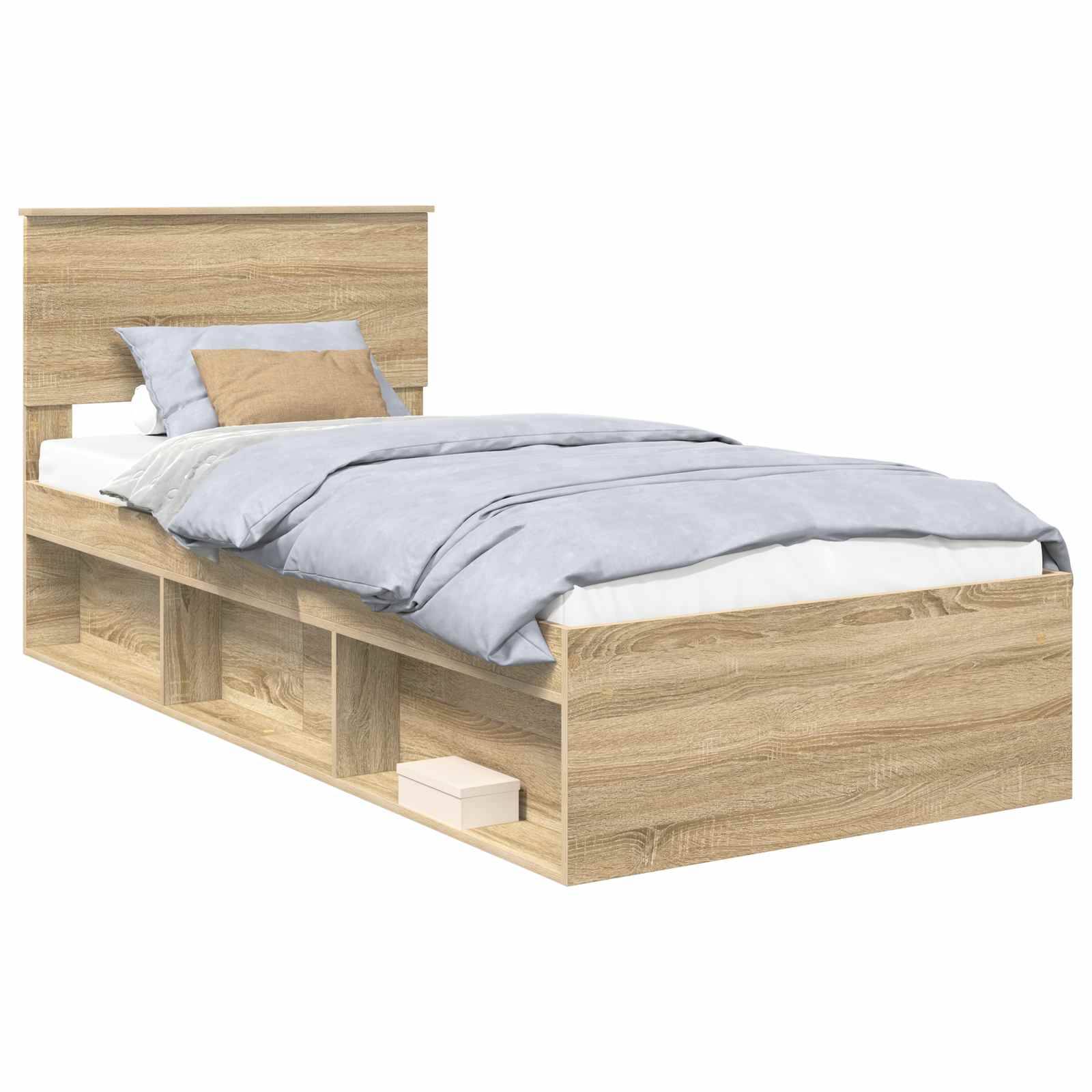 Ein Holz-Plattformbett mit integrierten Stauraumregalen darunter, das mit blauer und beiger Bettwäsche und einem passenden Kopfteil ausgestattet ist.