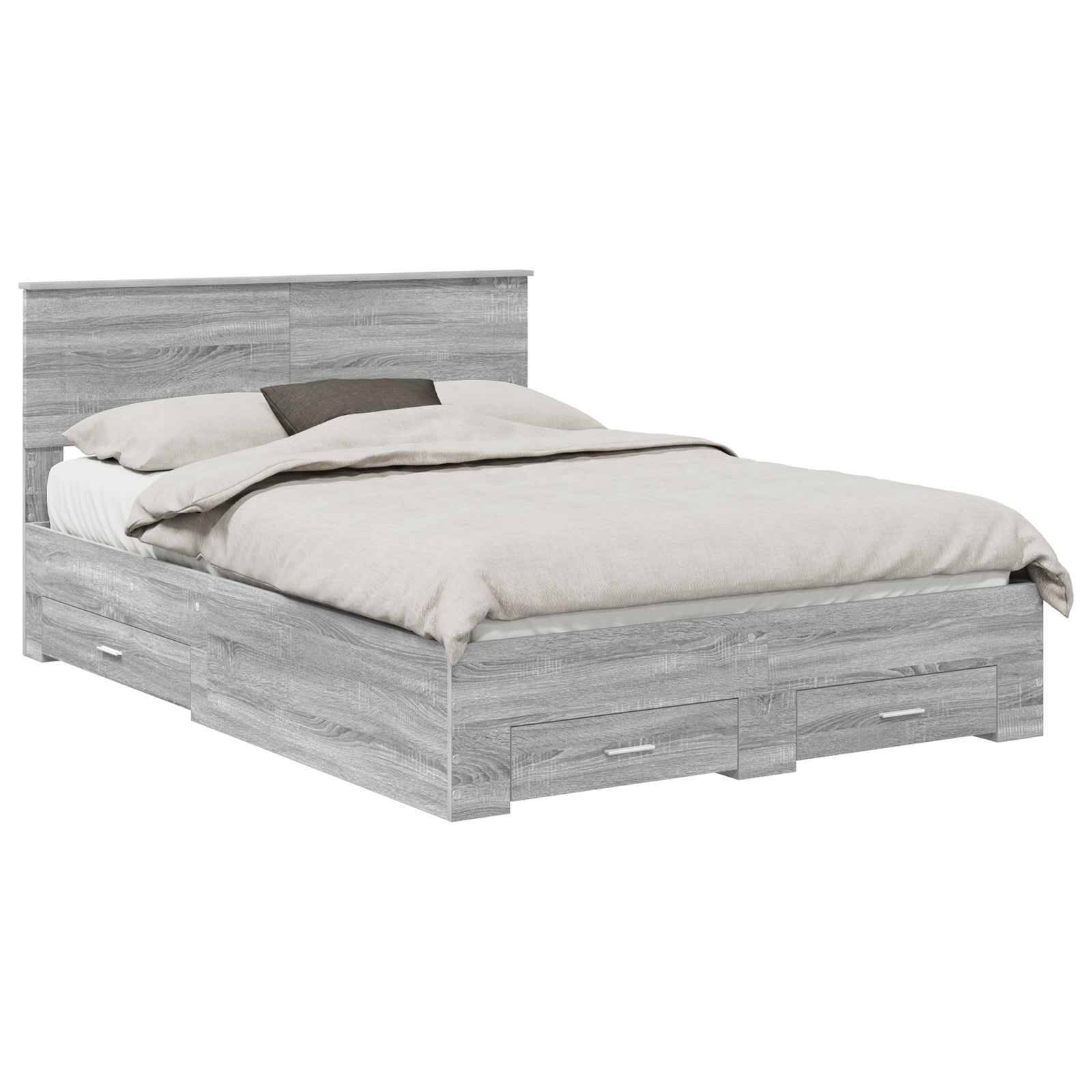 Ein grauer Holzbett mit Kopfteil, Bettwäsche und mehreren Staurageschubladen unter dem Rahmen.
