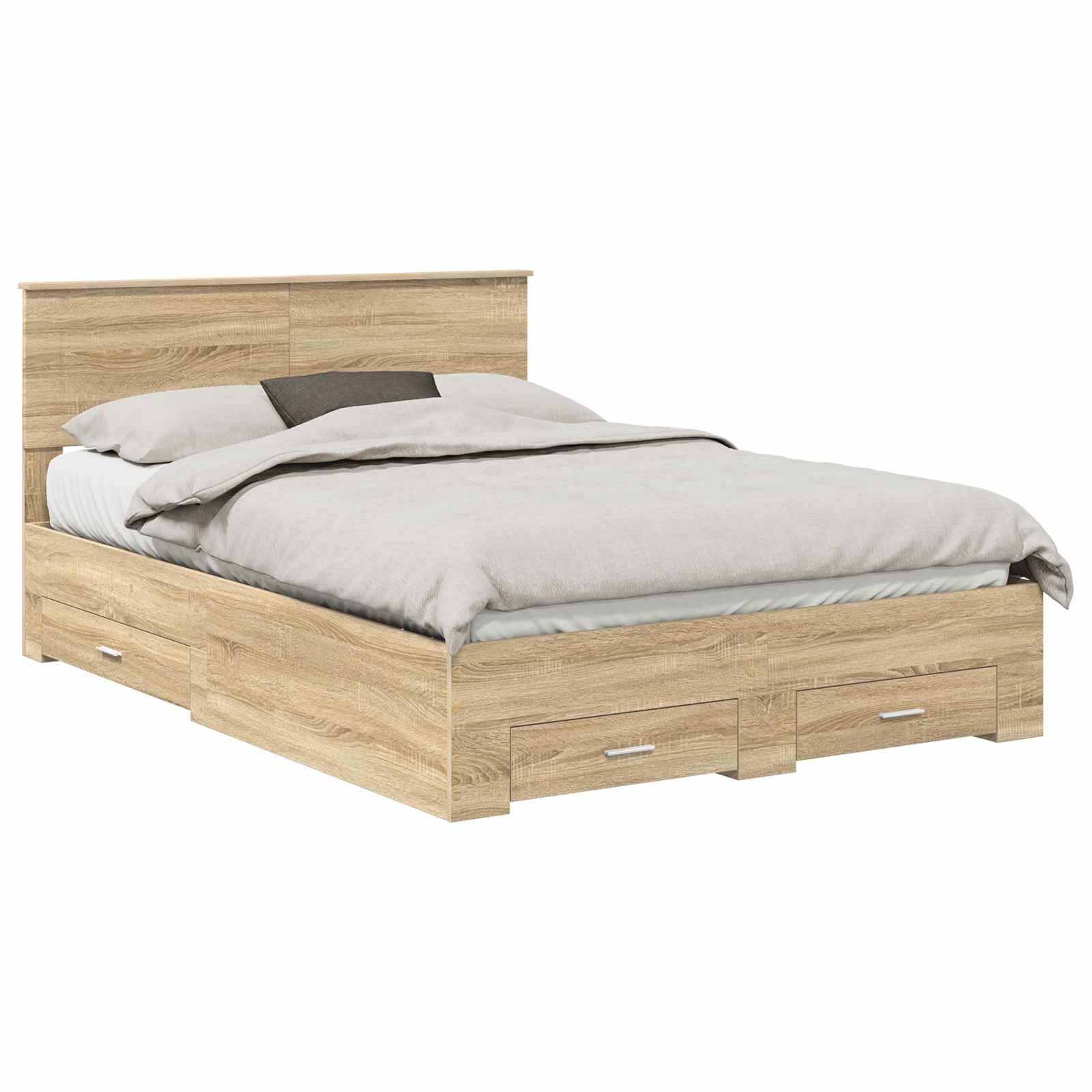 Ein Holzbettgestell mit einem Kopfteil, ausgestattet mit Aufbewahrungsschubladen darunter. Das Bett ist ordentlich gemacht mit einer hellgrauen Bettdecke und Kissen.