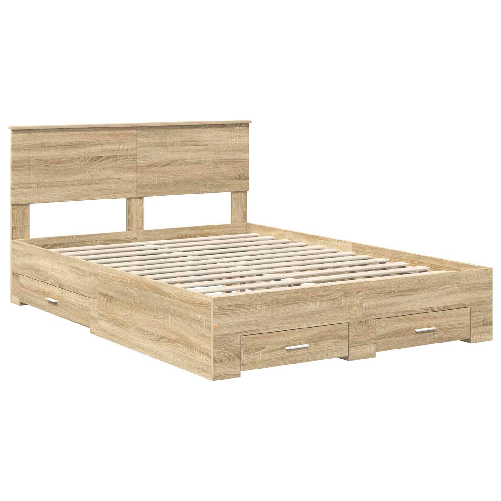Ein Holzbettgestell mit hohem Kopfteil und Staurageschubladen, in einer hellen Eiche-Ausführung gestaltet.