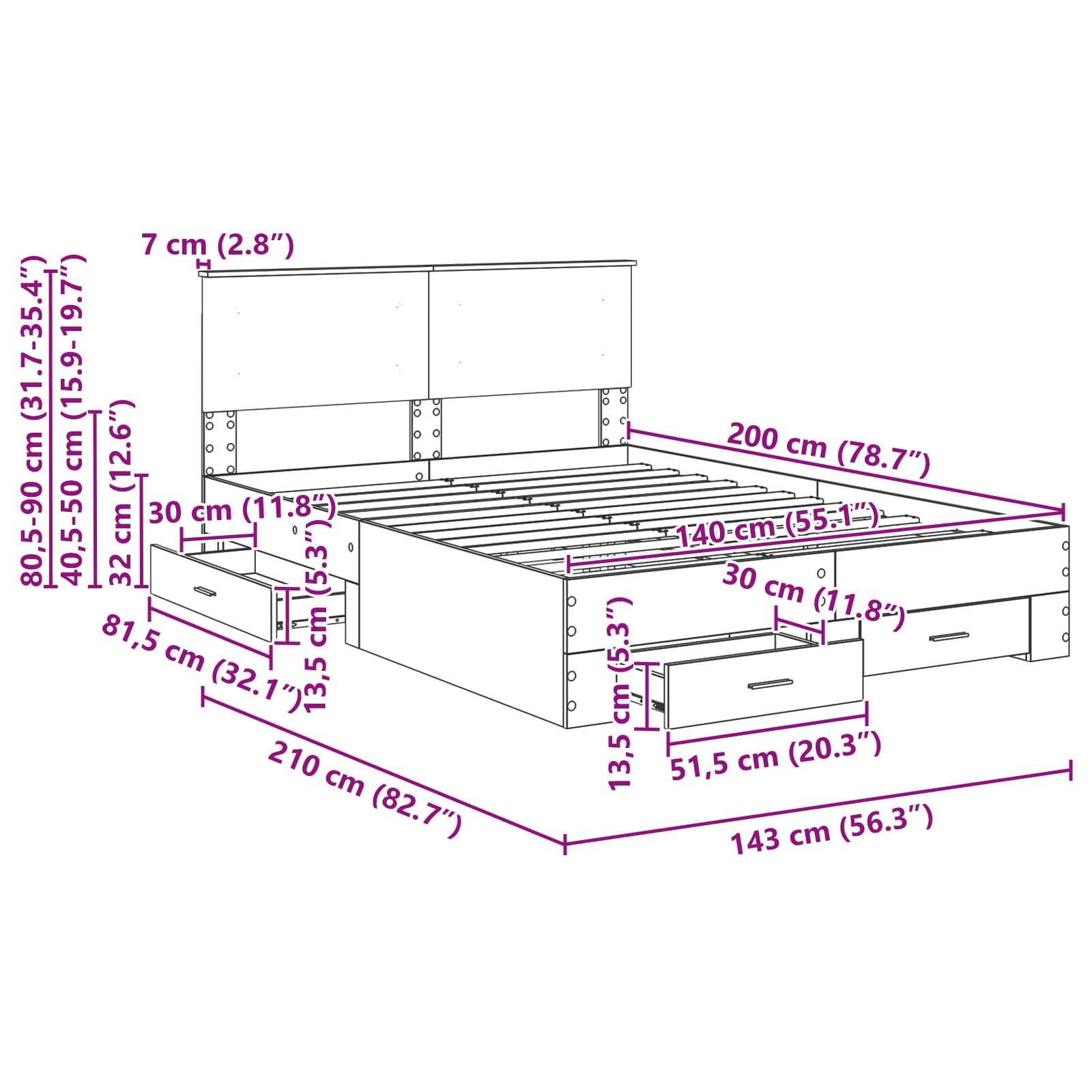 Diagramm eines Bettes mit Maßen: Breite 143 cm (56,3