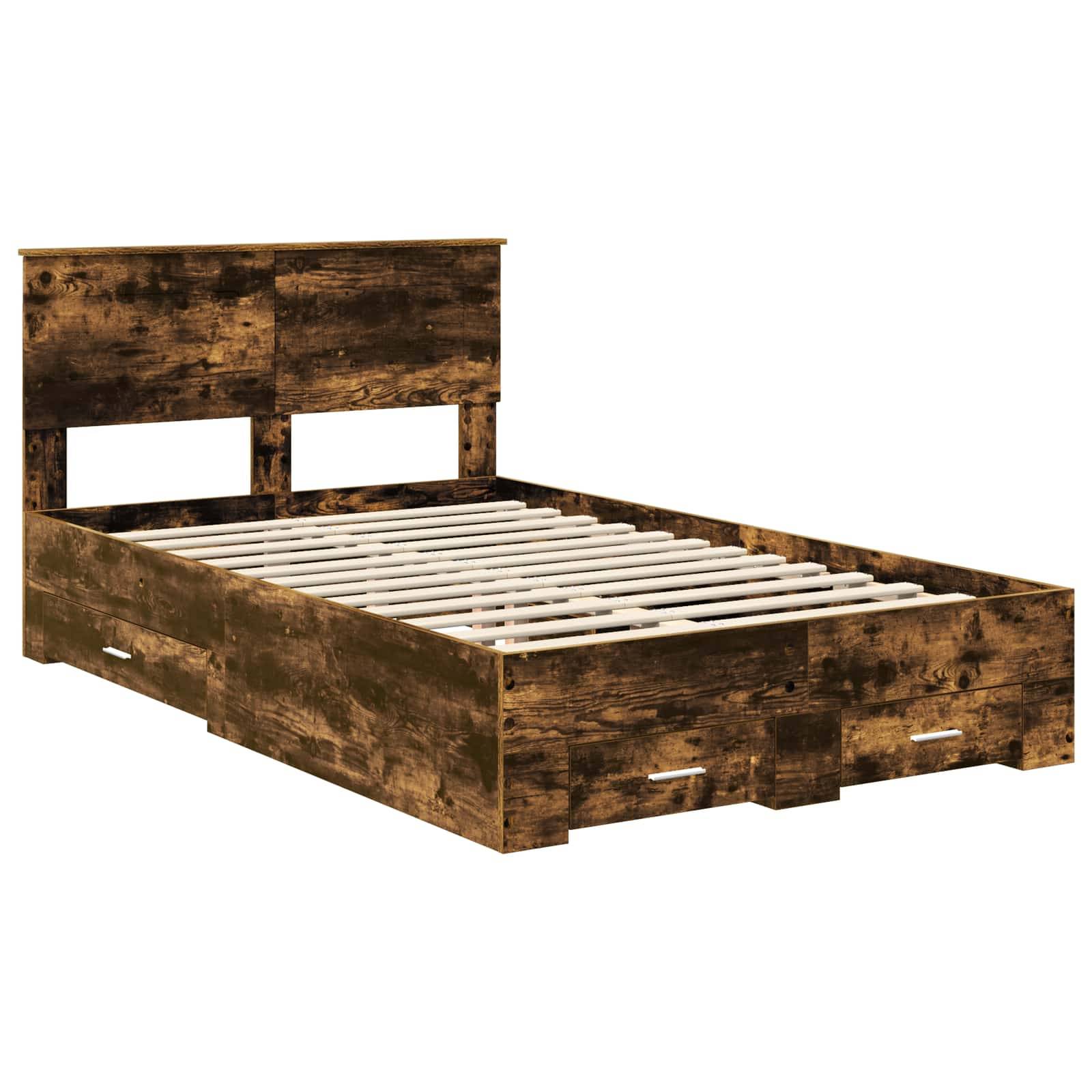 Ein Holzbettgestell mit rustikaler Oberfläche, das eine hohe Kopfseite und Staurageschubladen darunter aufweist. Die Latten sind ohne Matratze sichtbar.