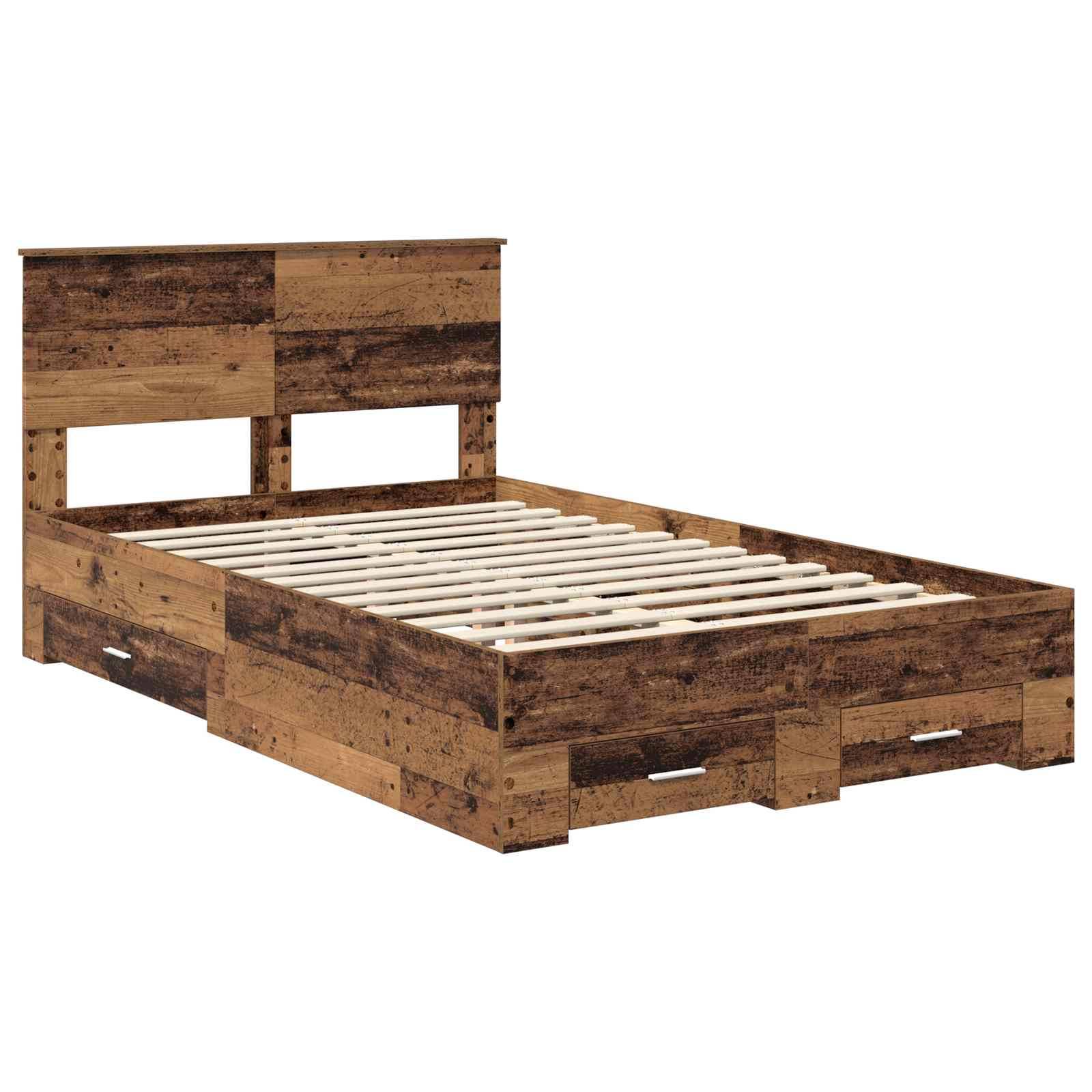 Ein Holzbettgestell mit Kopfteil und zwei integrierten Aufbewahrungsschubladen unter dem Bett. Gefertigt aus Holz im rustikalen Stil mit natürlicher Oberfläche.